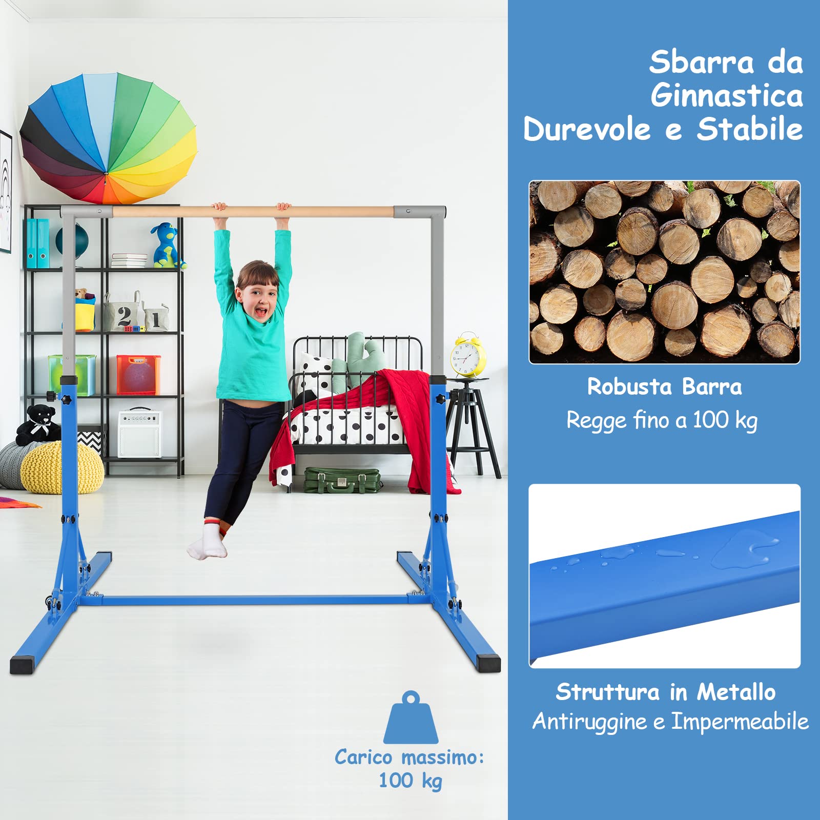 COSTWAY Barra per Ginnastica e Danza per Bambini Pieghevole Portatile, Sbarra Parallela in Metallo e Legno con 13 Altezze Regolabili, Portata 100 kg