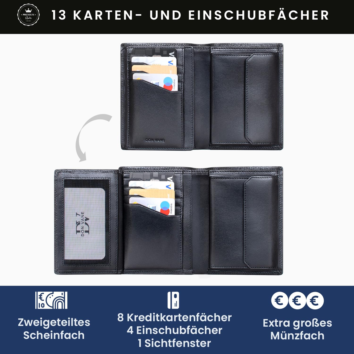 Elite Highline - Geldbörse Herren Leder mit RFID Schutz I Großes Portemonnaie 13 Fächer mit Münzfach I Echtleder Geldbeutel Hochformat für Männer I Brieftasche Portmonee Wallet Schwarz