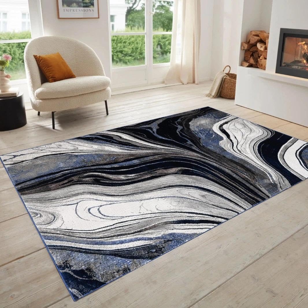 Luxury Modern Abstract Marble Area Rug Soft Pile Carpet for Living Room Bedroom Large Floor Rug Long Hallway Runner Carpet Easy Clean (BLUE, 160 X 230 CM)