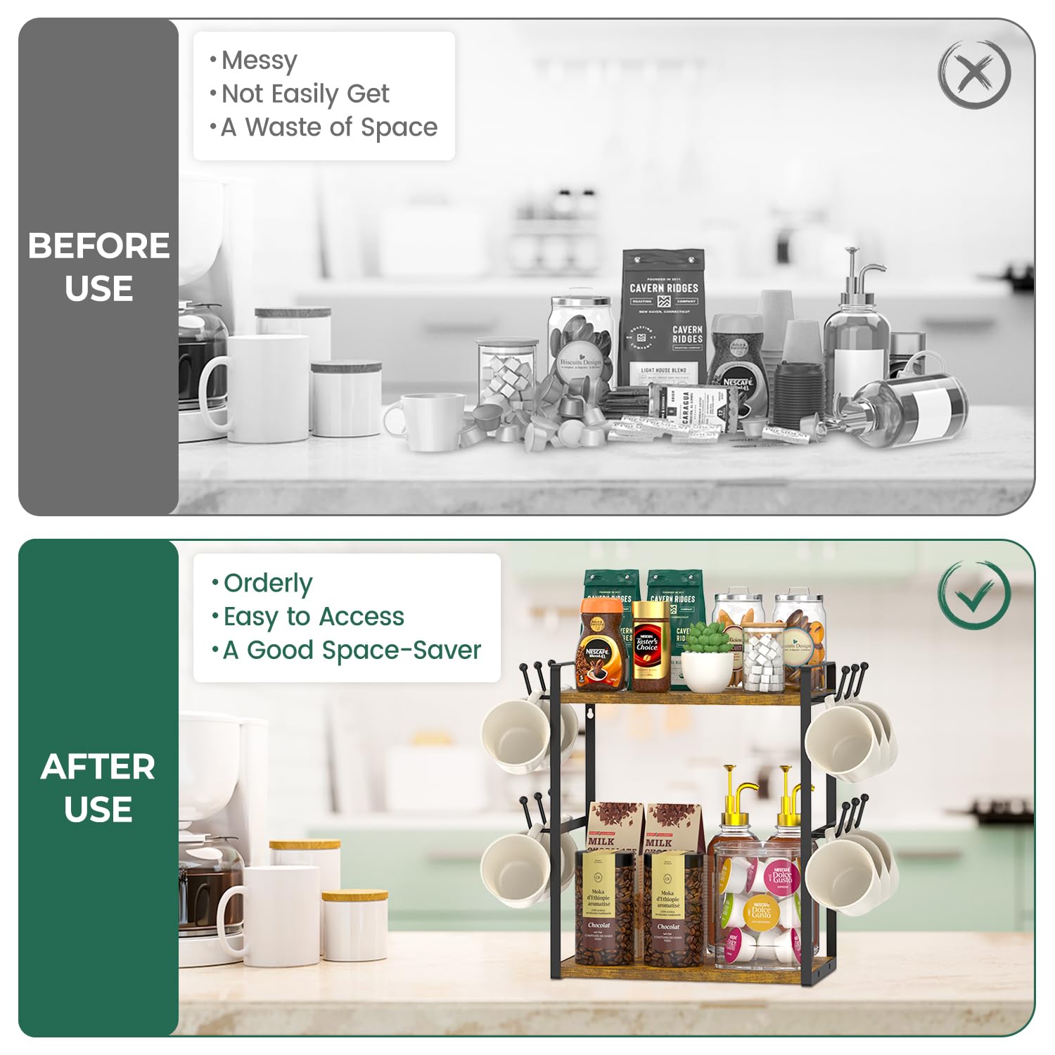Legno Metallo Design Rustico EsLuker.ly Organizer Da Bar A 2 Ripiani Per Cucina, Multifunzione, Espositore Per Tazze Da Caffè, Scaffale Per Accessori Con 12 Ganci, Nero Organizer Cucina Legno Metallo