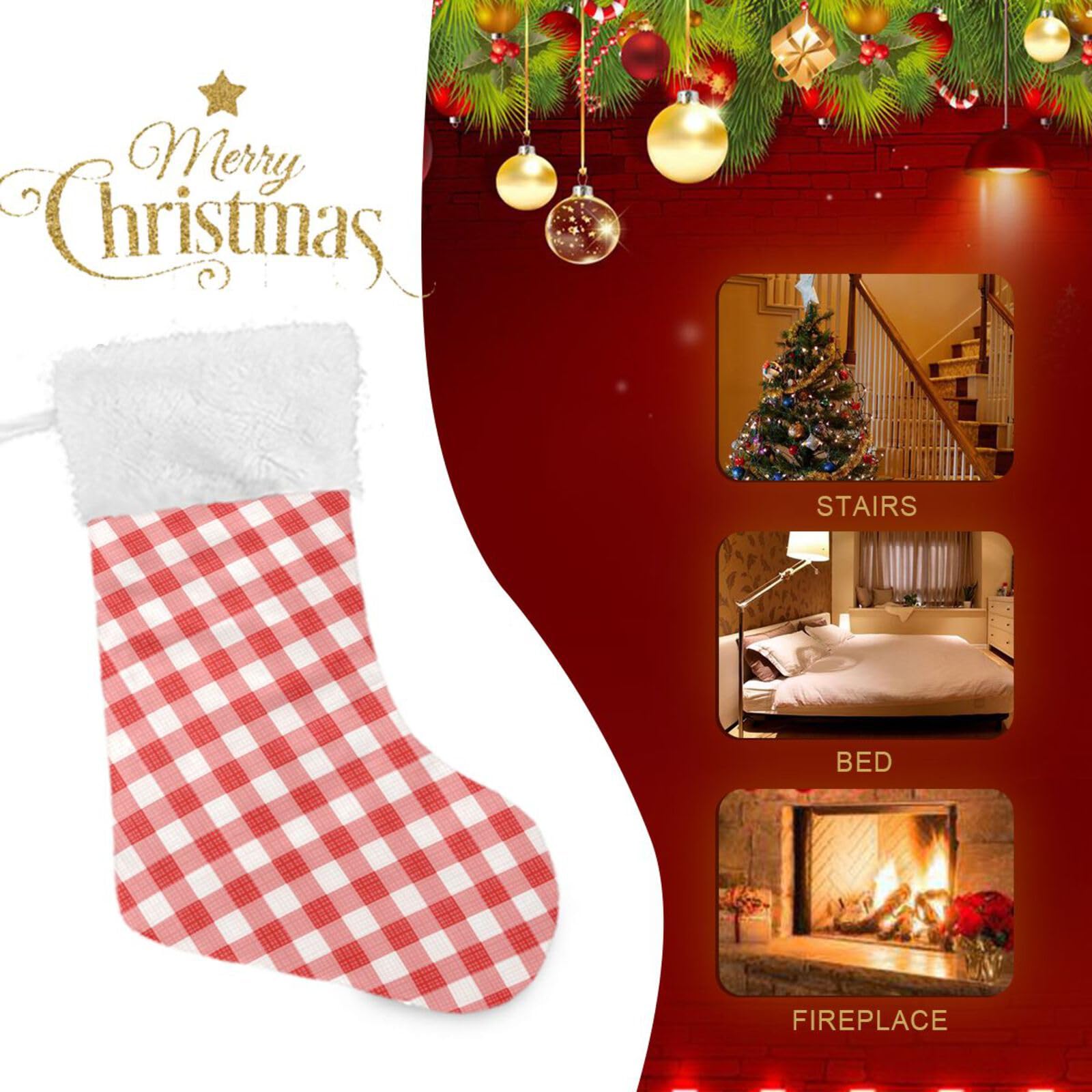 Lot De 2 Chaussettes De Noël Décoratives - Motif écossais Rouge Et Uni - Pour La Décoration Ou Comme Petit Cadeau