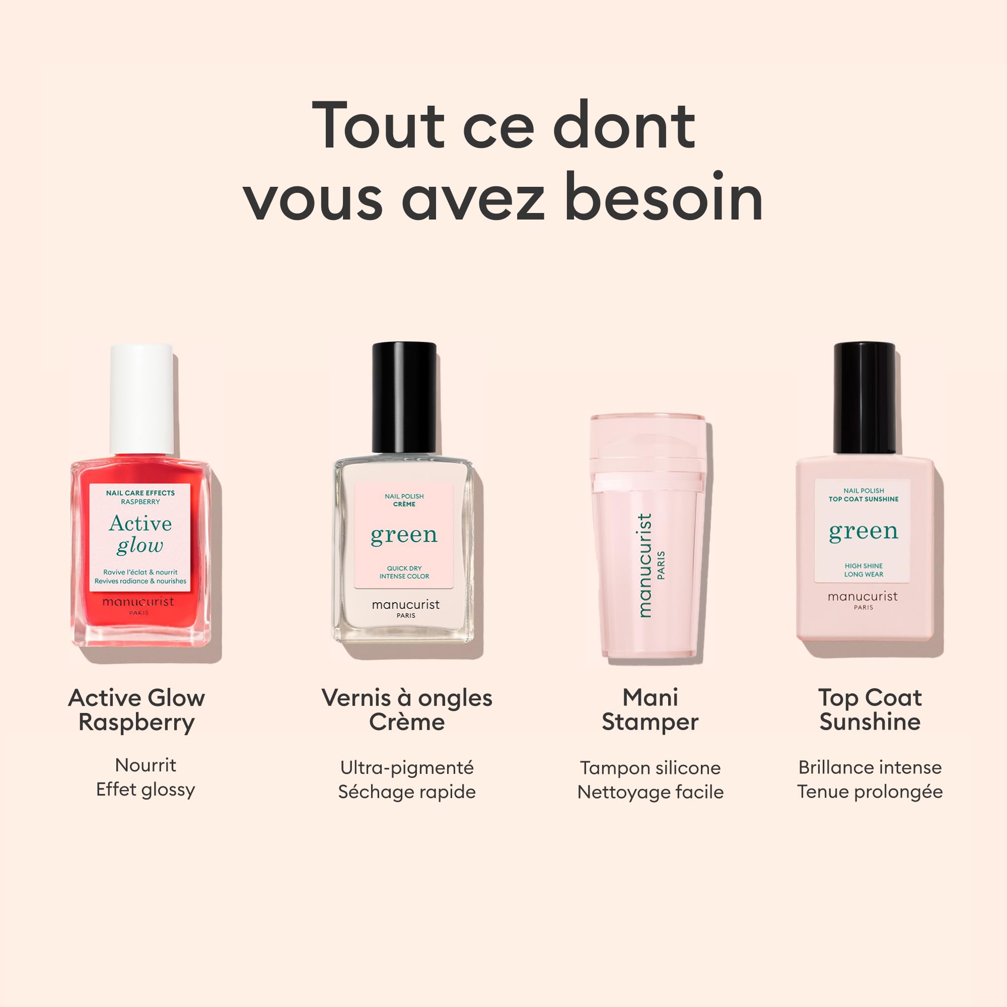 Kit French Manucure par Manucurist - Active™ Glow Raspberry, Vernis à Ongles Green™ Crème, Tampon French Manucure Mani Stamper, Top Coat Effet Gel Sunshine - Vernis à Ongles Soin