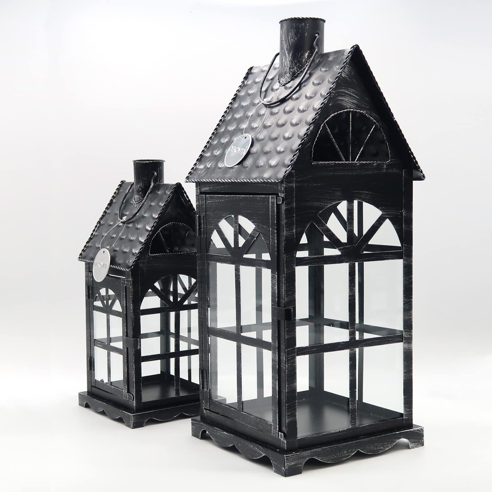 Dekovita 2er-Set Metall-Laterne 35cm/50cm - Gartenlaterne mit Glas-Scheiben - Windlicht Lichthaus Deko-Laterne
