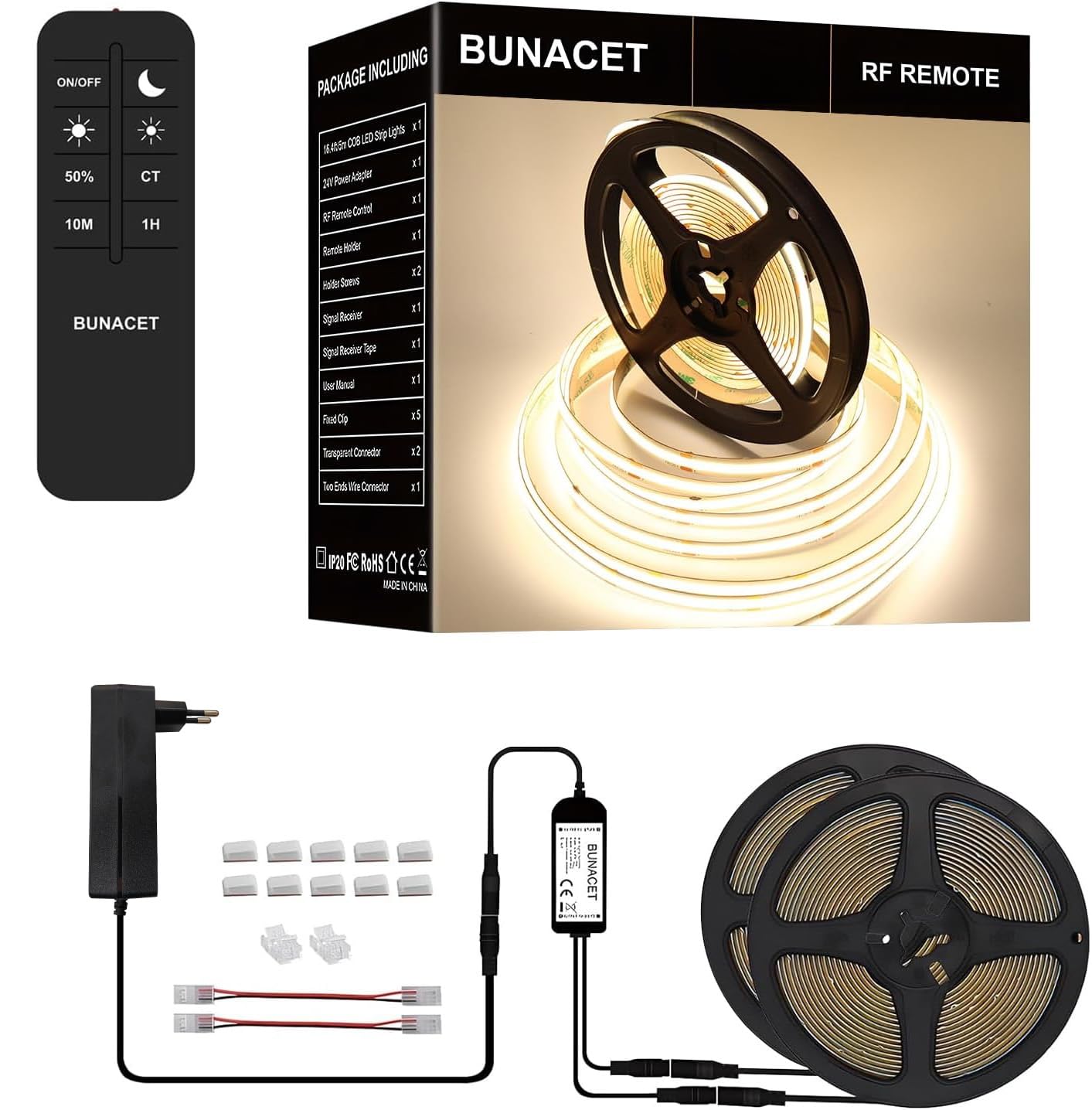 COB Striscia LED Bianco Naturale 12M 24V Dimmerabile 4000K, 480 LEDs/M, 2880LED Alta Luminosità, CRI90+, con Alimentatore GS, Telecomando RF, Luci LED Tagliabile per Casa Camera Cucina