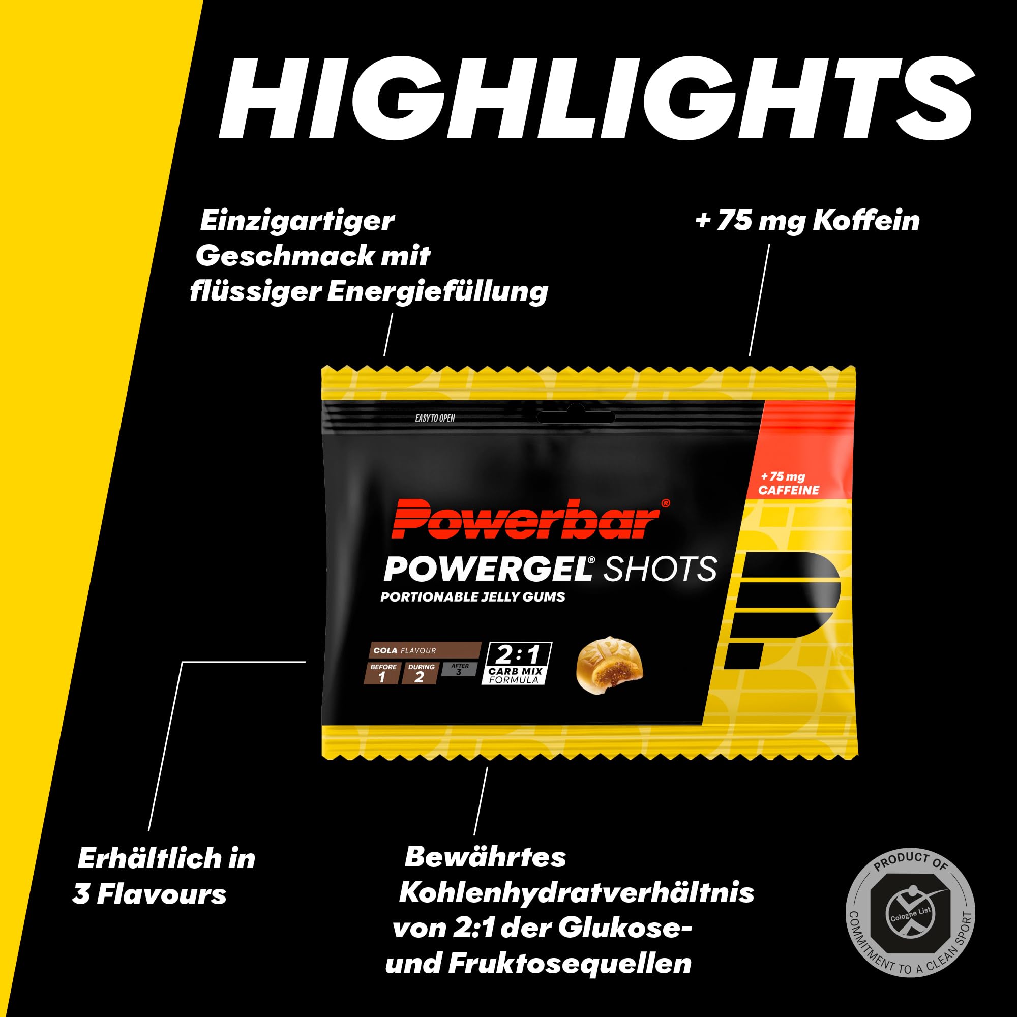 Powerbar - PowerGel Shots - Cola - 24x60g - High Carb Energie Gummis - 75mg Koffein