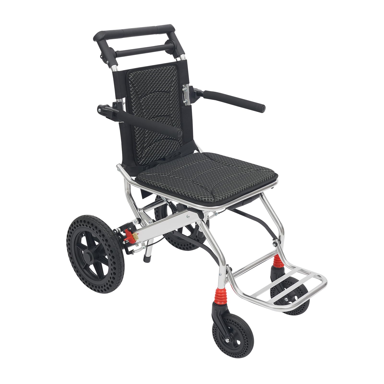 Składany wózek inwalidzki, lekki, aluminiowy wózek turystyczny z oddychającą powierzchnią do siedzenia, oparcie 45 cm, kółka 360°, uchwyt transportowy, do 100 kg, przenośny wózek inwalidzki dla osób