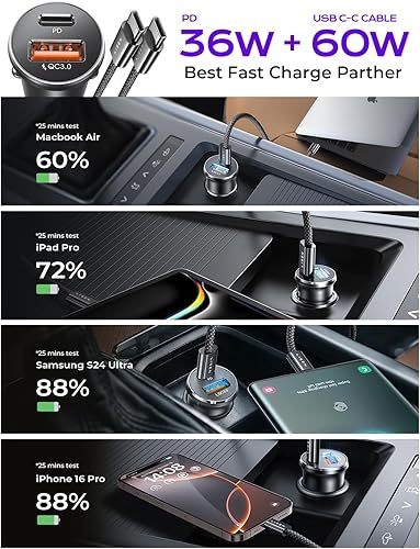 Miniatura 4 de LISEN Adaptador de cargador de coche USB C de 95 W de carga rápida todo metal Cargador USB de carga rápida PD65W Cargador de teléfono de coche de