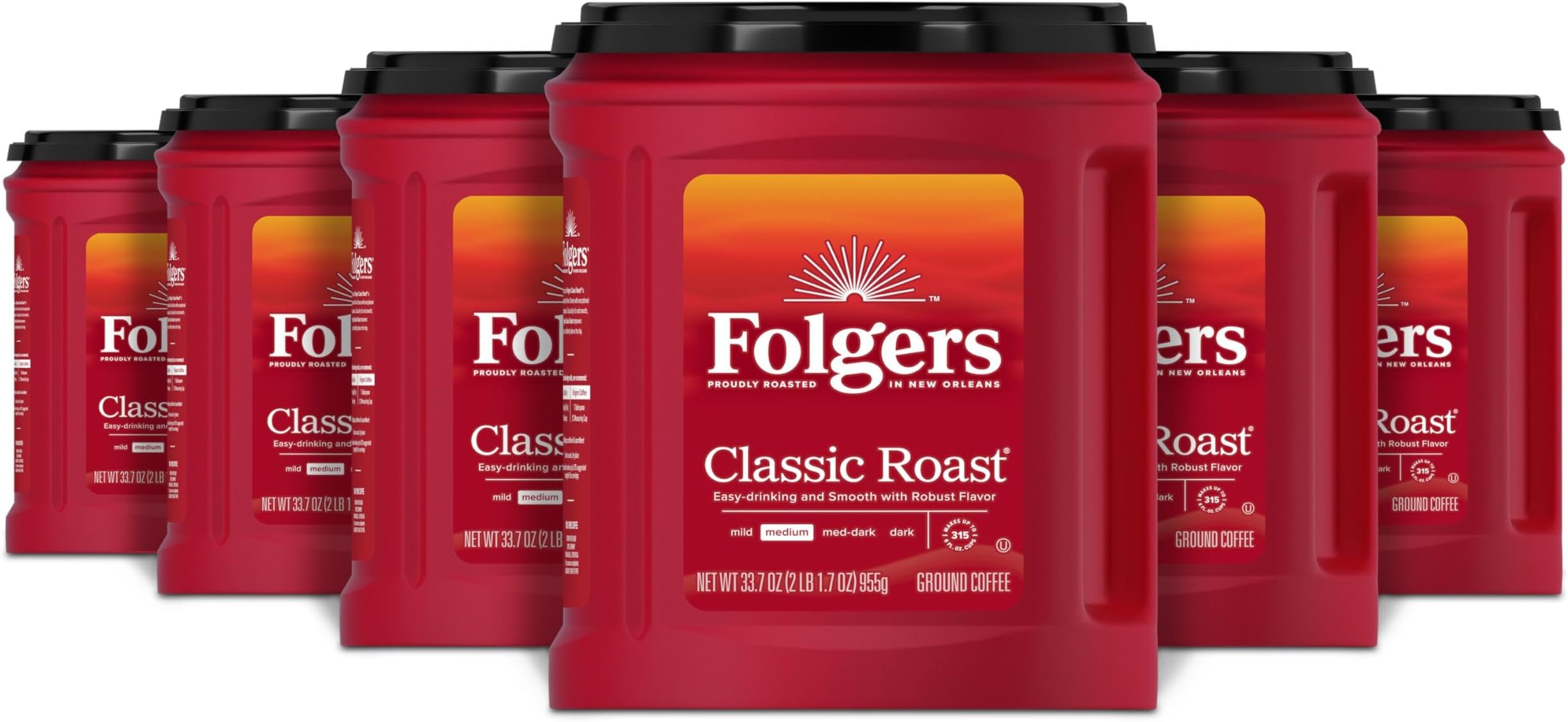 Folgers Classic Roast Ground Coffee, Medium Roast, 33.7 Oz. Canister (Pack of 6)