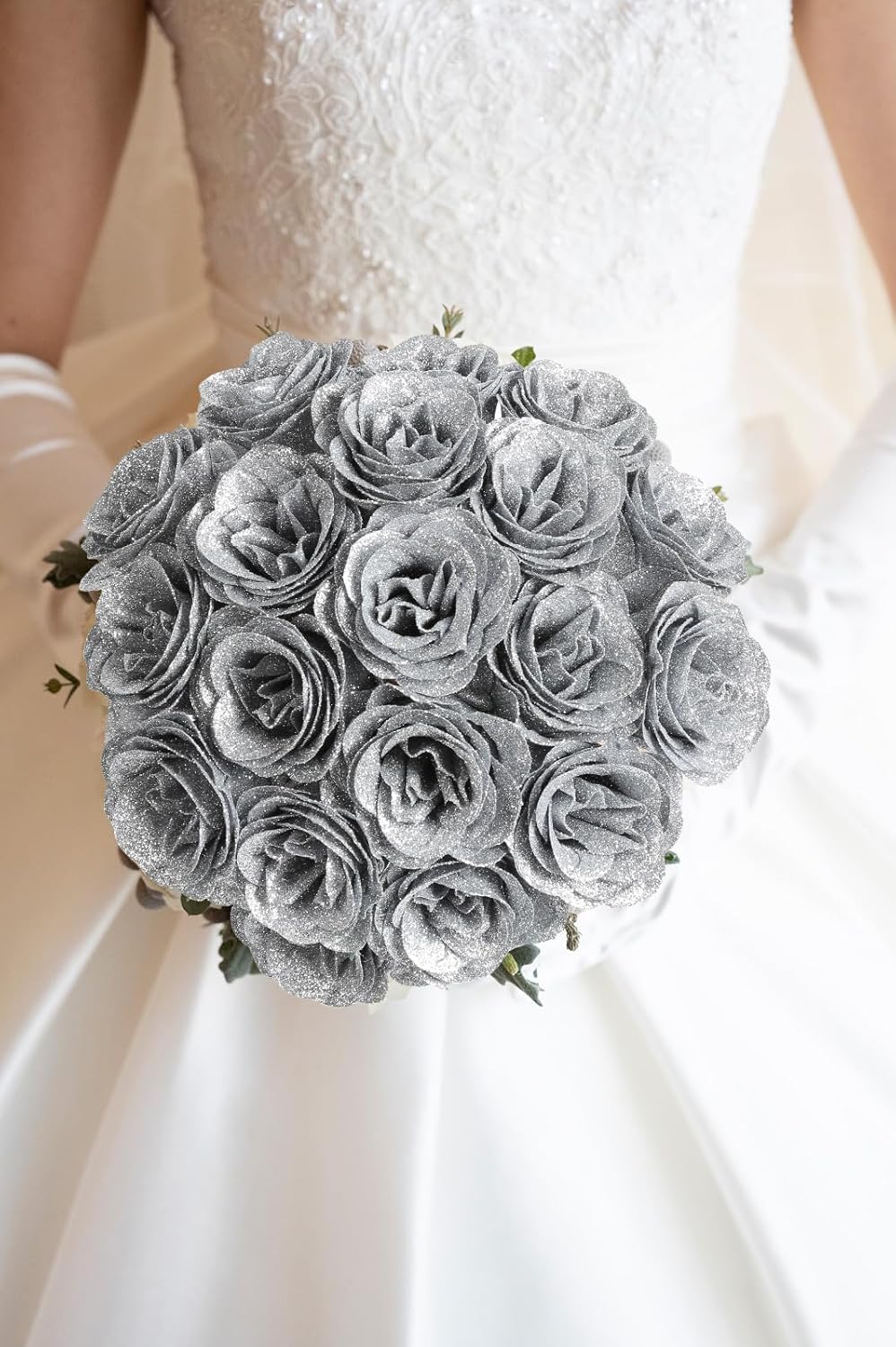 Silver Roses,30pcs Glitter Roses Flowers Artificial Roses with Stems for Crafts Wedding Bouquet Party Home Decor(Silver) - Image 4
