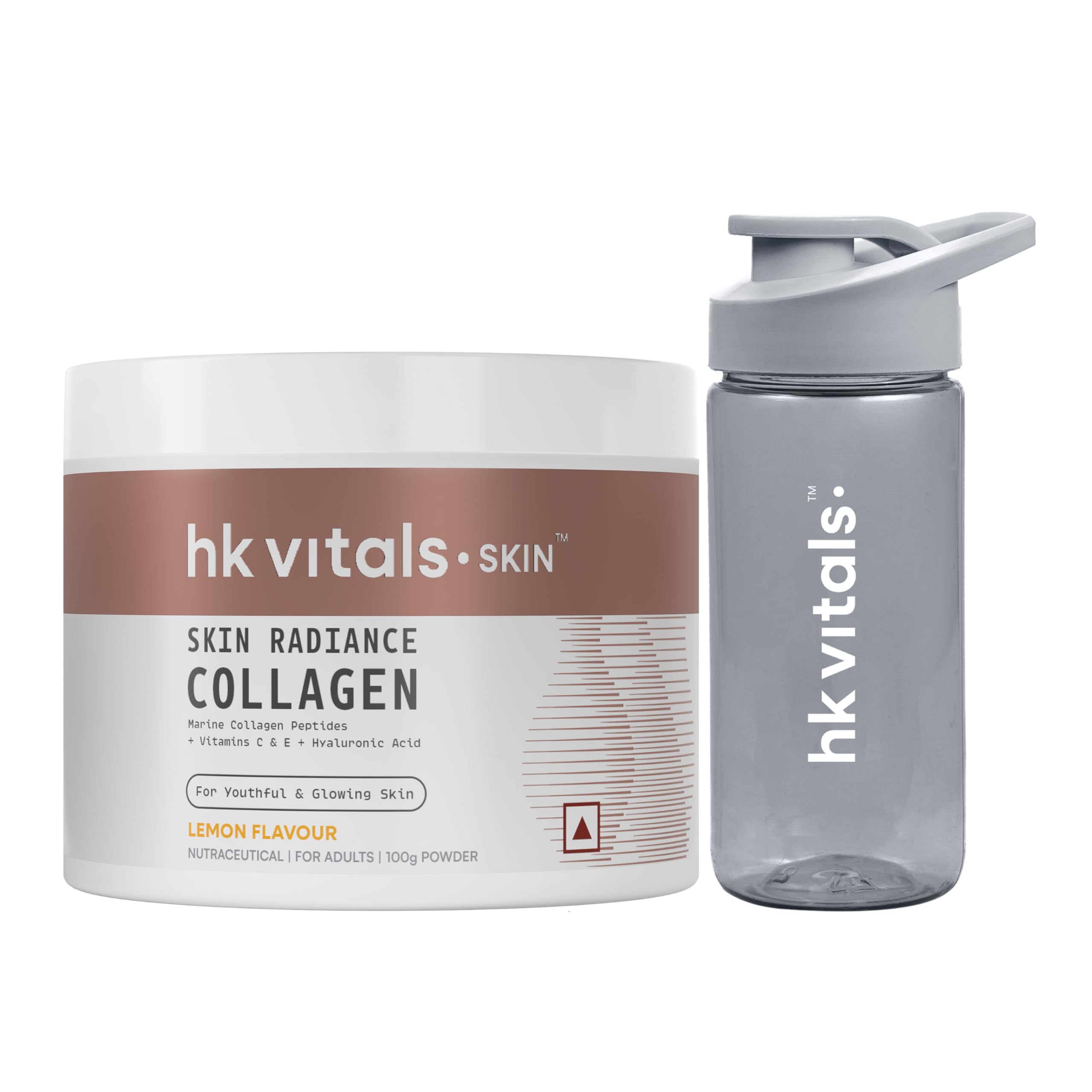 hk vitals Skin Radiance Marine Collagen Supplement (Lemon, 100g) & Sipper Bottle (Grey, 300ml) Combo Pack | With Vitamin C & E, For Healthy Skin, Hair & Nails
