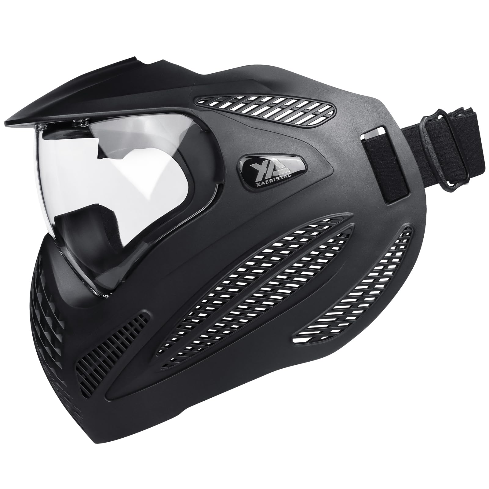 Xaegistac Paintball Mask-Intergrated Sun Visor Airsoft Mask, Wide Field of View, Anti Fog, Adjustable Headband for Paintball, Airsoft Clear Lens