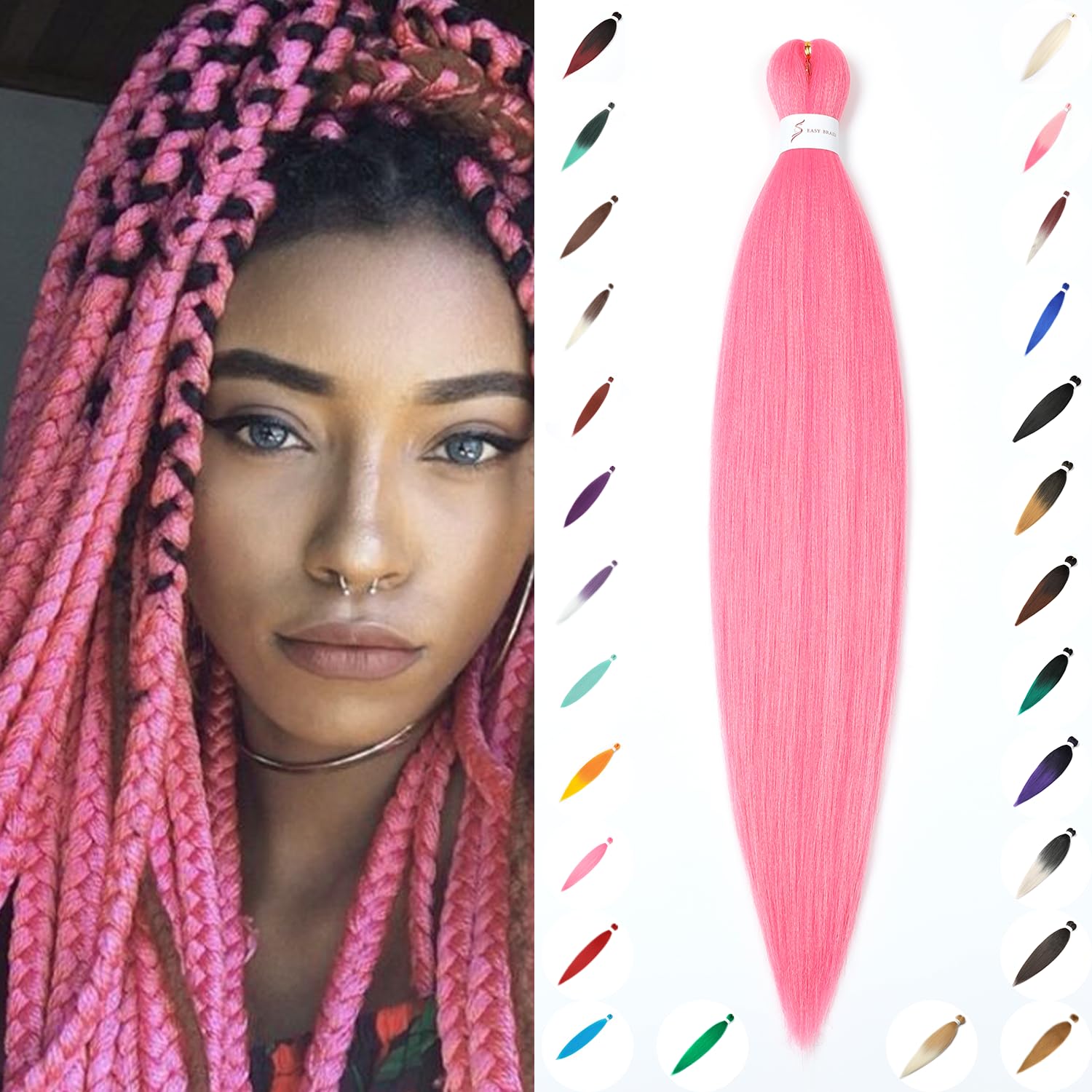 Pre-Stretched Braiding Hair ShowJarlly Soft Free Synthetic Fiber Corchet Braids Natural Black 1Pack/Lot Knotless Braiding Extensions Hot Water Setting Braiding Hair(30 Inch,Pink#)