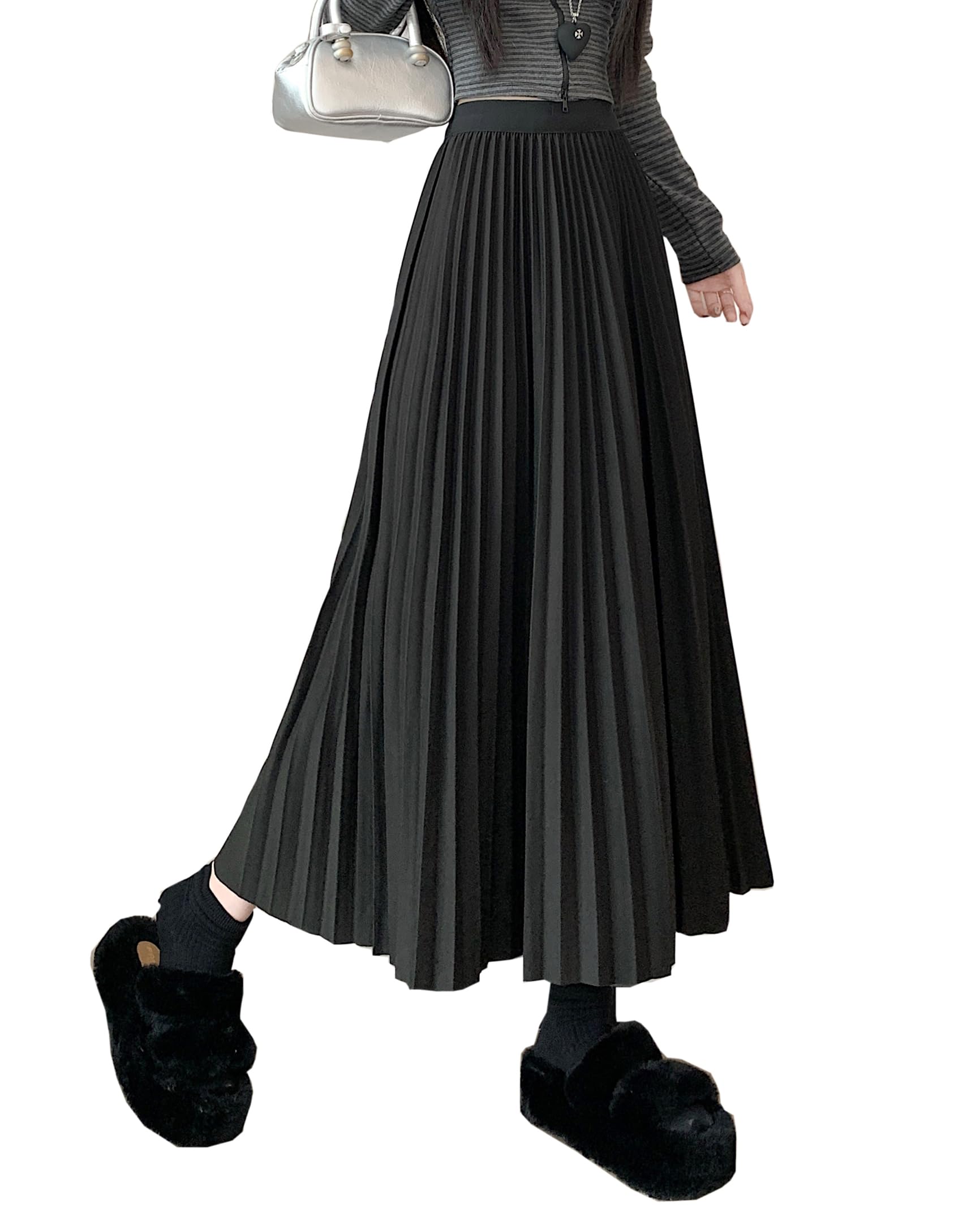 Womens Pleated Midi Skirt High Waisted Solid Color Elastic Waist Wool A-Line Skirt for Fall Winter