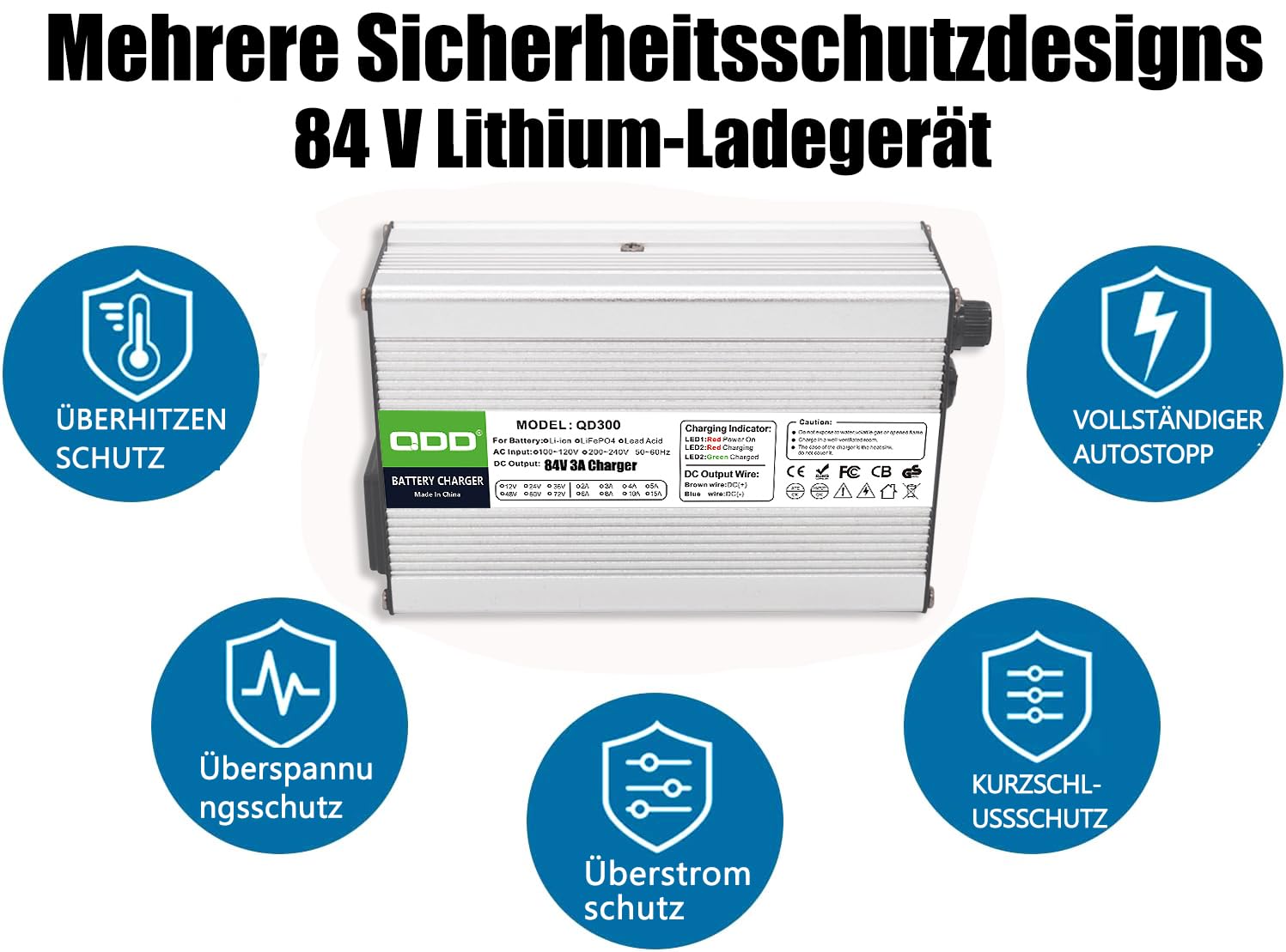 QDD 84V 3A Chargeur, 72V Li-ion Batterie Intelligent Chargeur pour 20S 72V Li-ion Batterie avec Ventilateur Boîtier en Aluminium Argenté (Prise XLR 3 Broches)