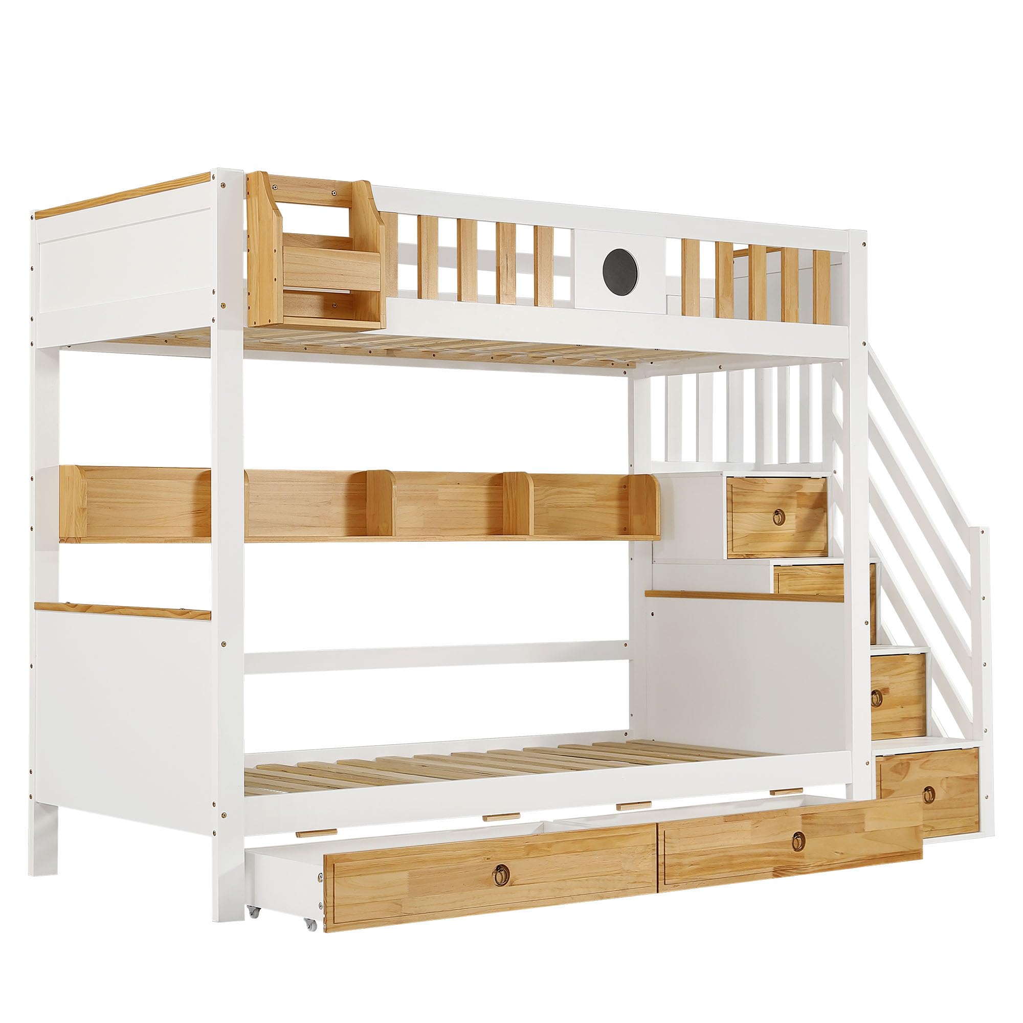 Litera Cama Infantil 90x200 con Escalera de Almacenamiento y 2 Cajones, Literas Cama Alta con Pizarra y Estantería, Camas con Protección Anticaídas y Somier, Sin Colchón, Blanco+Natural