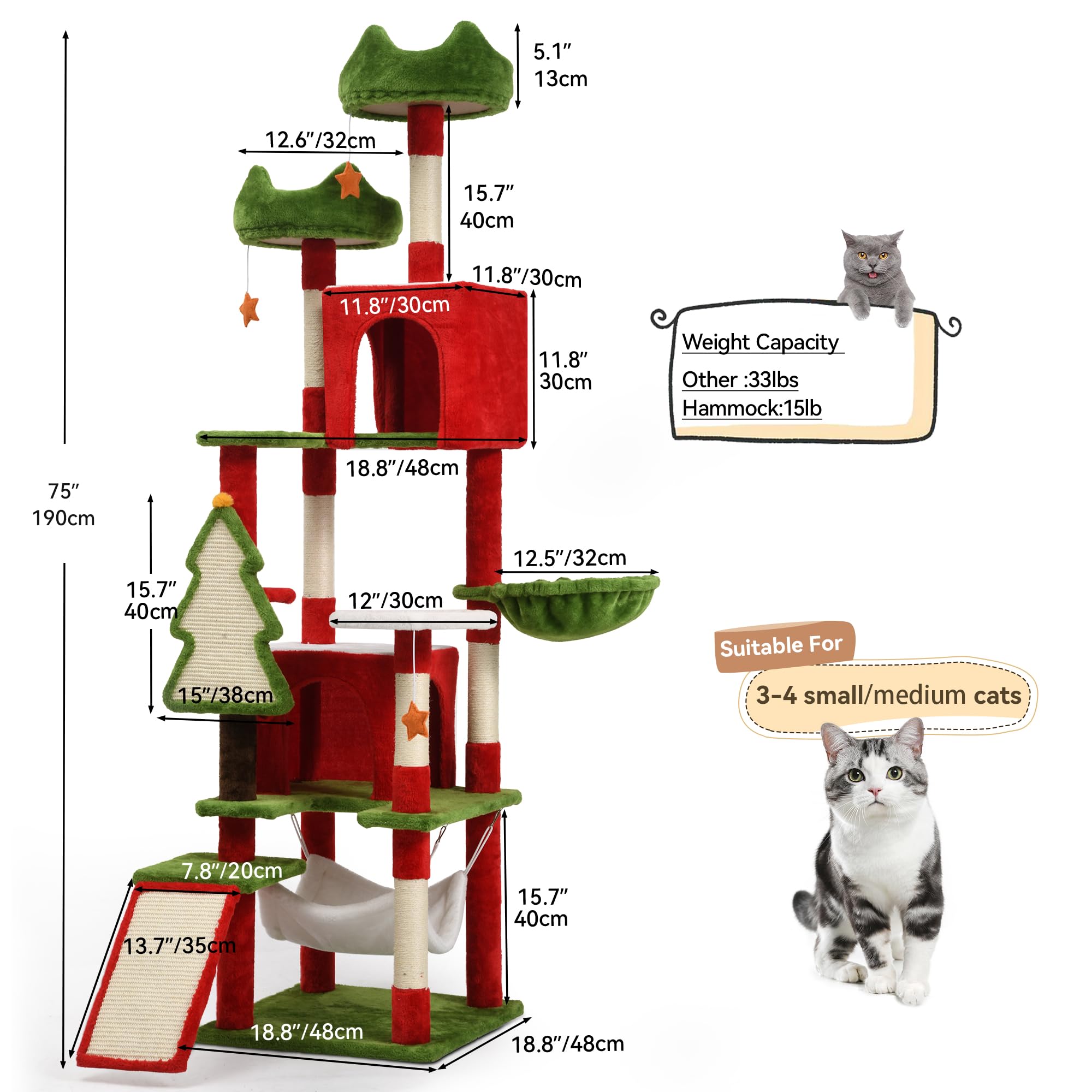 YITAHOME Torre per Tiragraffi per Gatti da 190 cm con Condomini, Trespoli Superiori, Amaca, Pali e Tiragraffi in Sisal, Centro Attività di Gioco per Gattini, Decorazioni Natalizie