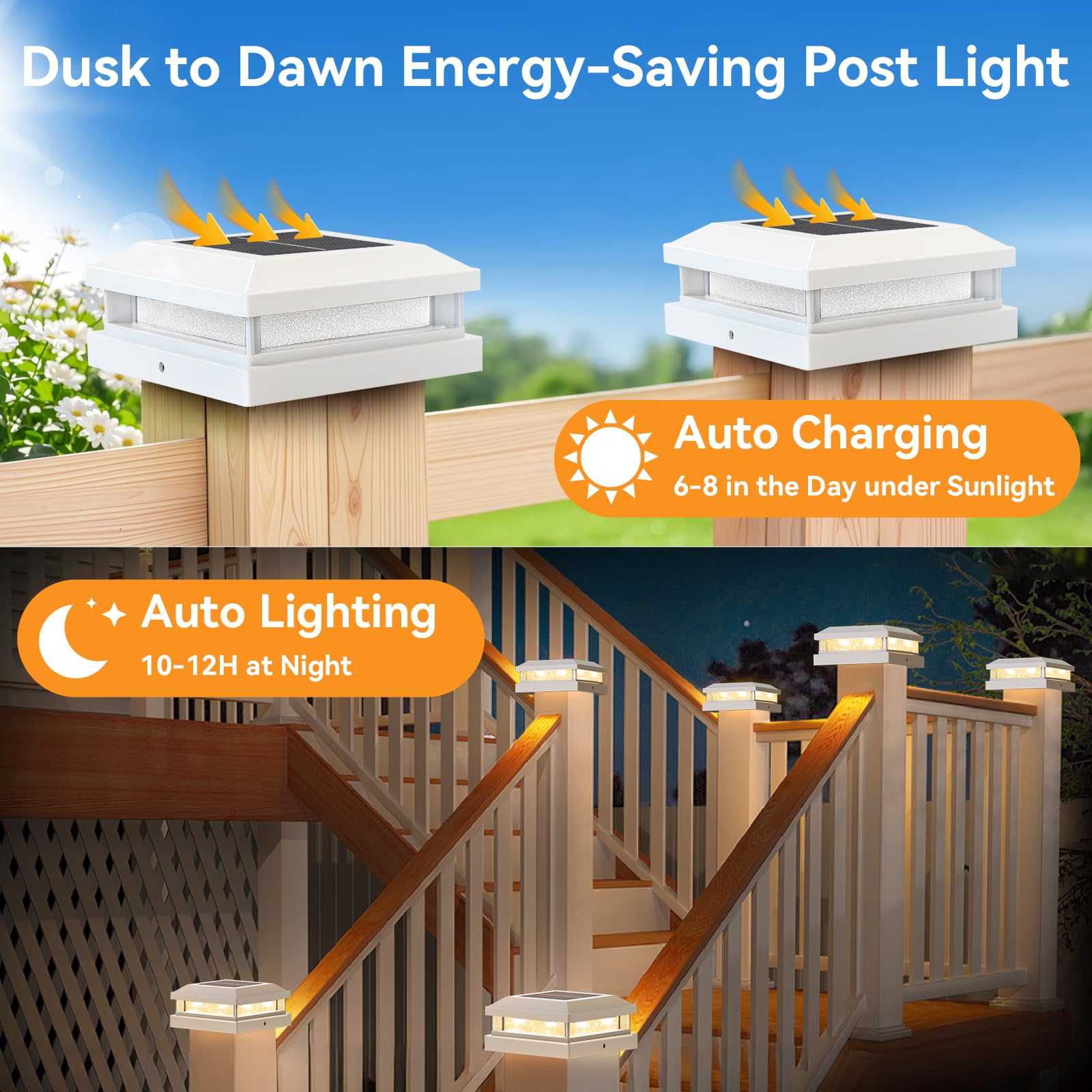 Confezione da 6 luci solari per esterni, impermeabili, 16 LED, ad energia solare, con luce bianca calda/bianca fredda, per recinzioni solari da 4 x 4, 4,5 x 4,5, 5 x 5, 5 x 5, in legno/vinile, in