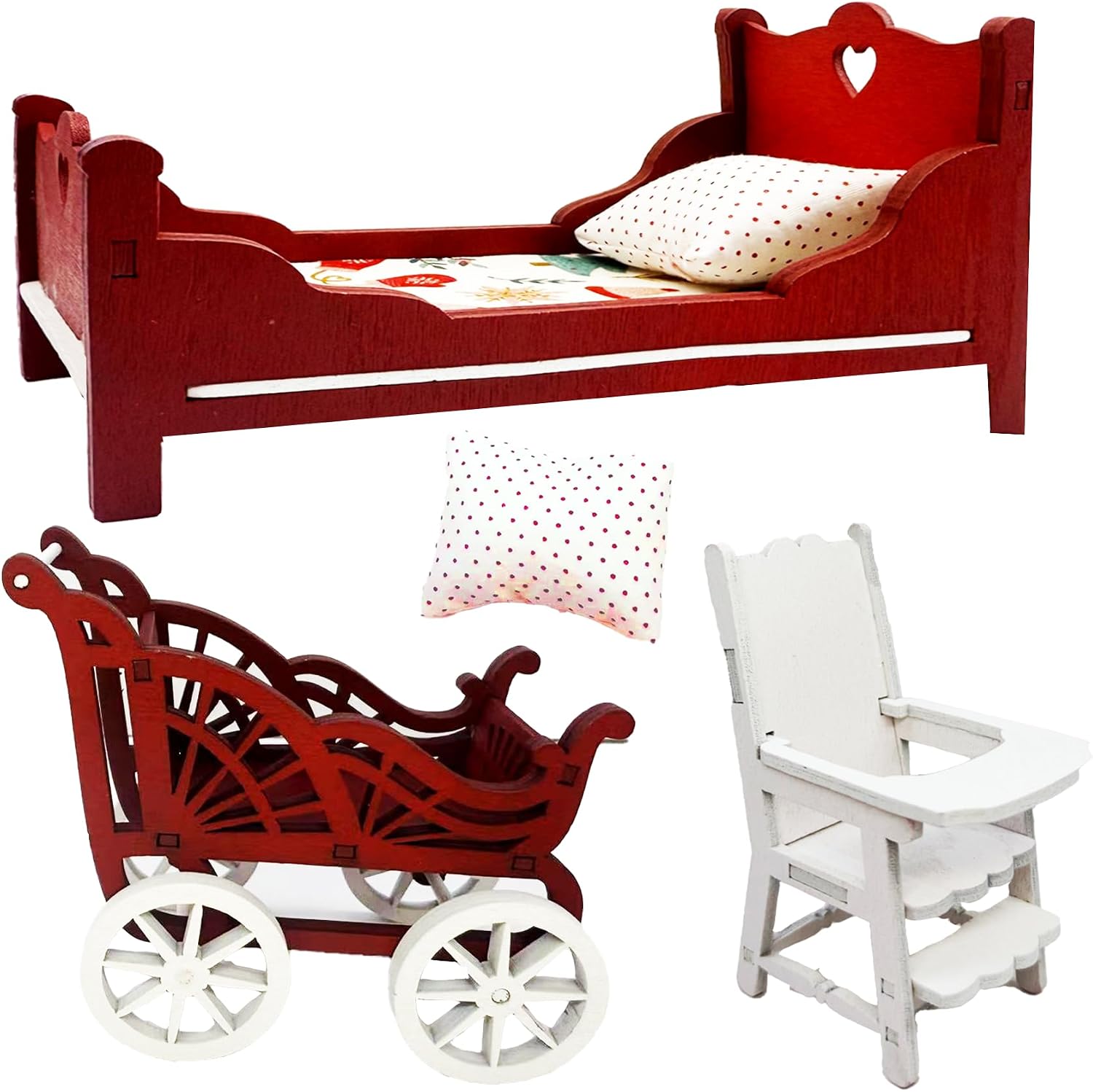 Miniature Furniture Set, Red and White Wooden Room Accessories,1/12 Scale, 5 Piece Desk,Table,Shelf Decor