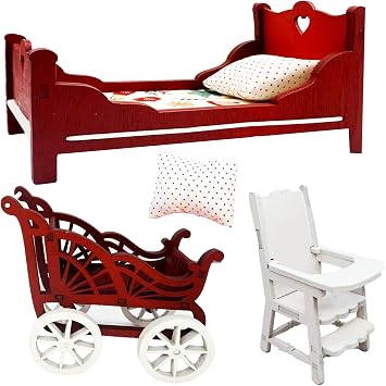 Miniature Furniture Set, Red and White Wooden Room Accessories,1/12 Scale, 5 Piece Desk,Table,Shelf Decor