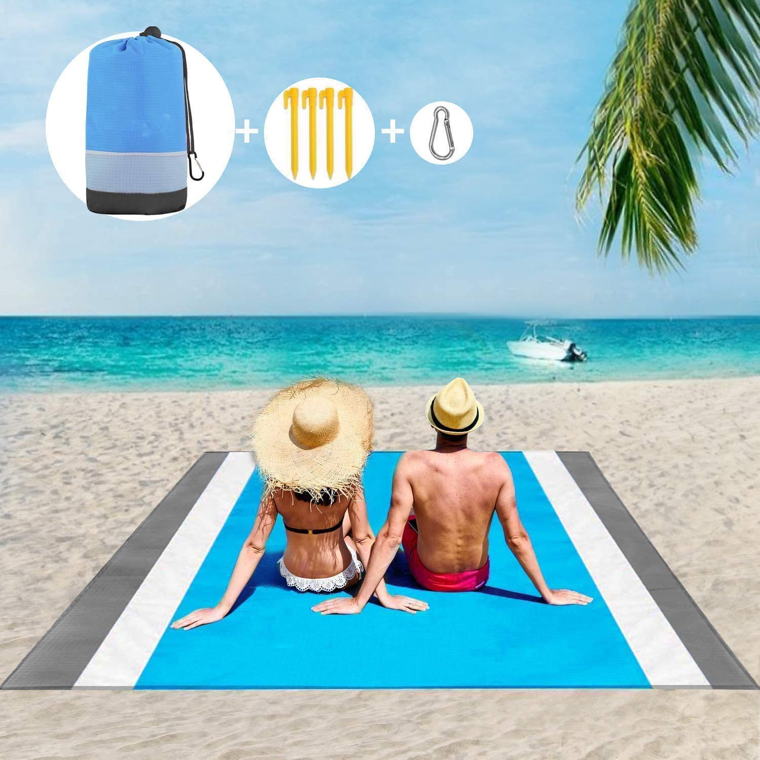 JASLITEJASLITE Beach Blanket Sand Proof, 83”x79” Sand Free Picnic Blanket Mat Lightweight Oversized Sandless Blanket with Storage Pockets, 4 Anchor Loops & Metal Stakes for Travel, Camping, Hiking