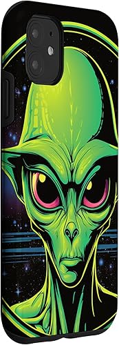 Vista 12 de iPhone 15 Pro Max Cute Green Alien Head UFO Space Face Alien Case