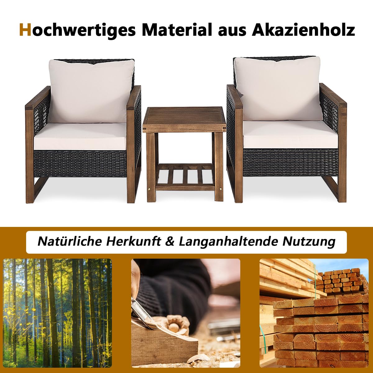 Giantex Rattan Gartenmöbel Set 3 teilig, Balkonmöbel Set 2 Personen, Gartensitzgruppe Lounge Set 2 Sessel mit Holztisch, Gartengarnitur Sitzgruppe Gartenlounge Set inkl. waschbarer Kissen