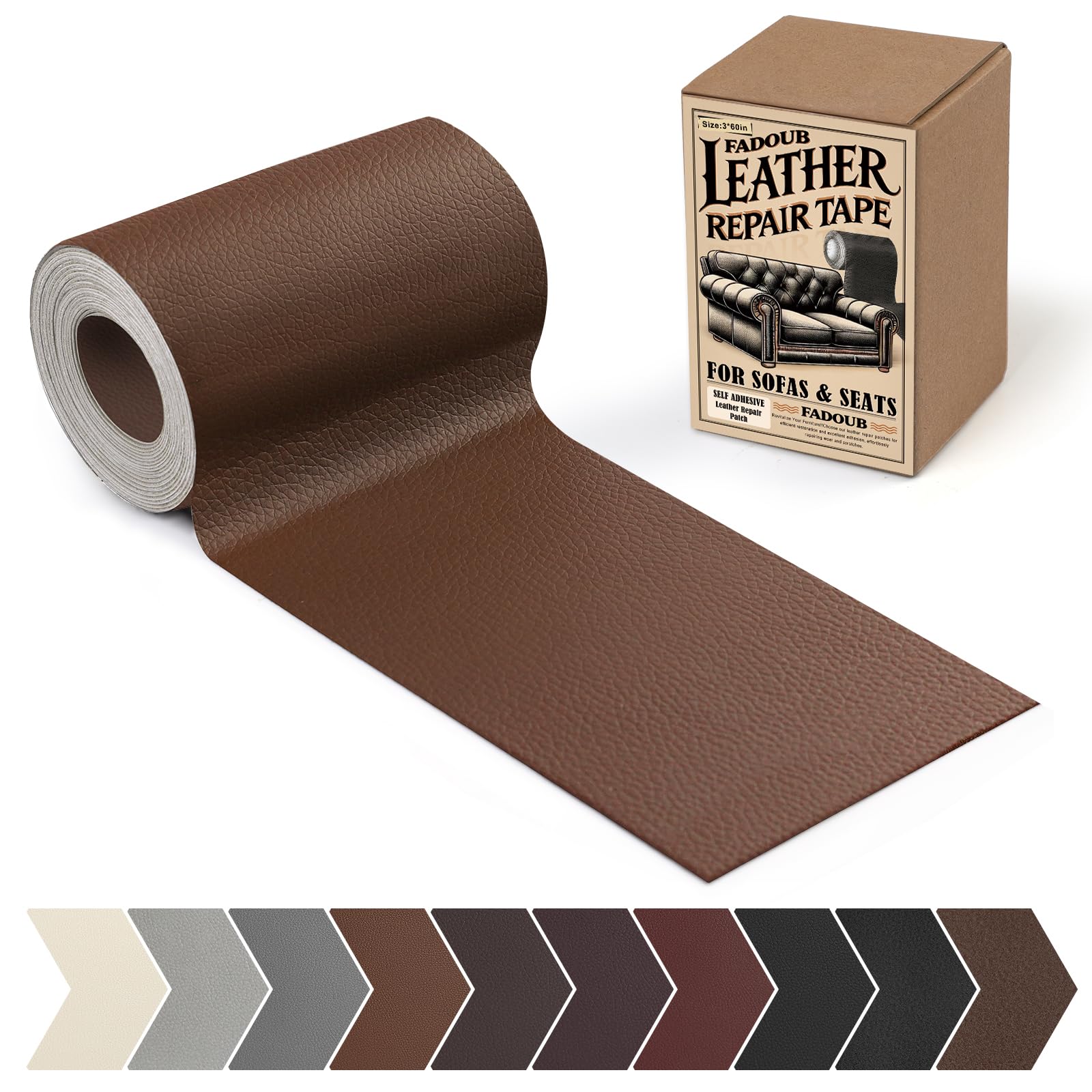 Fadoub Leather Repair Patch, 3 x 60In Self Adhesive Leather Repair Tape Kit for Furniture, Couch, Sofa, Office, Car Seats, Car Interior, Vinyl Repair