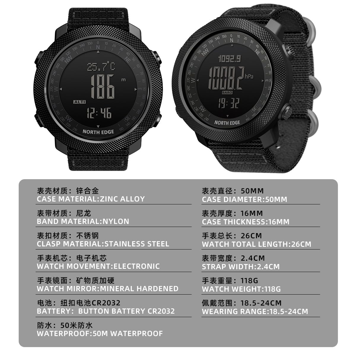 North Edge Apache - Orologio multifunzione per esterni, impermeabile fino a 50 m, con rilevamento di altitudine, pressione, bussola e temperatura, ideale per escursioni, nuoto e corsa