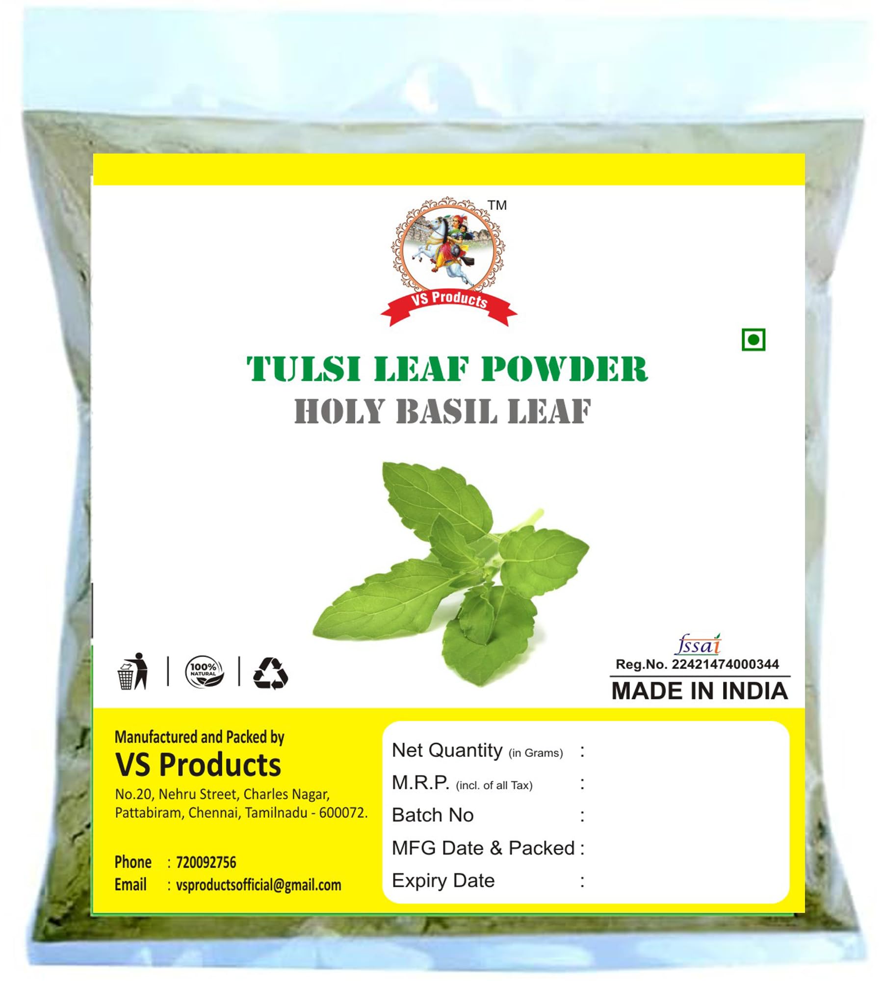 VS Products Tulsi Leaf Powder, 100g, Holy Basil Leaf Powder, Tulasi, Manjari, Krishna Tulsi, Trittavu Powder (Pack of 2 X 50g)