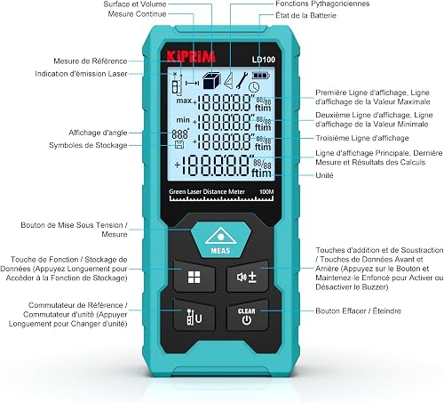 Kiprim Télémètre Laser Vert, 100M Appareil de Mesure Numérique avec Batterie USB Type C, Précision ±2 mm, Niveau Électronique, 10 Modes de Mesure, Laser de Classe II, Plaque Réflectrice, LD100 - 2