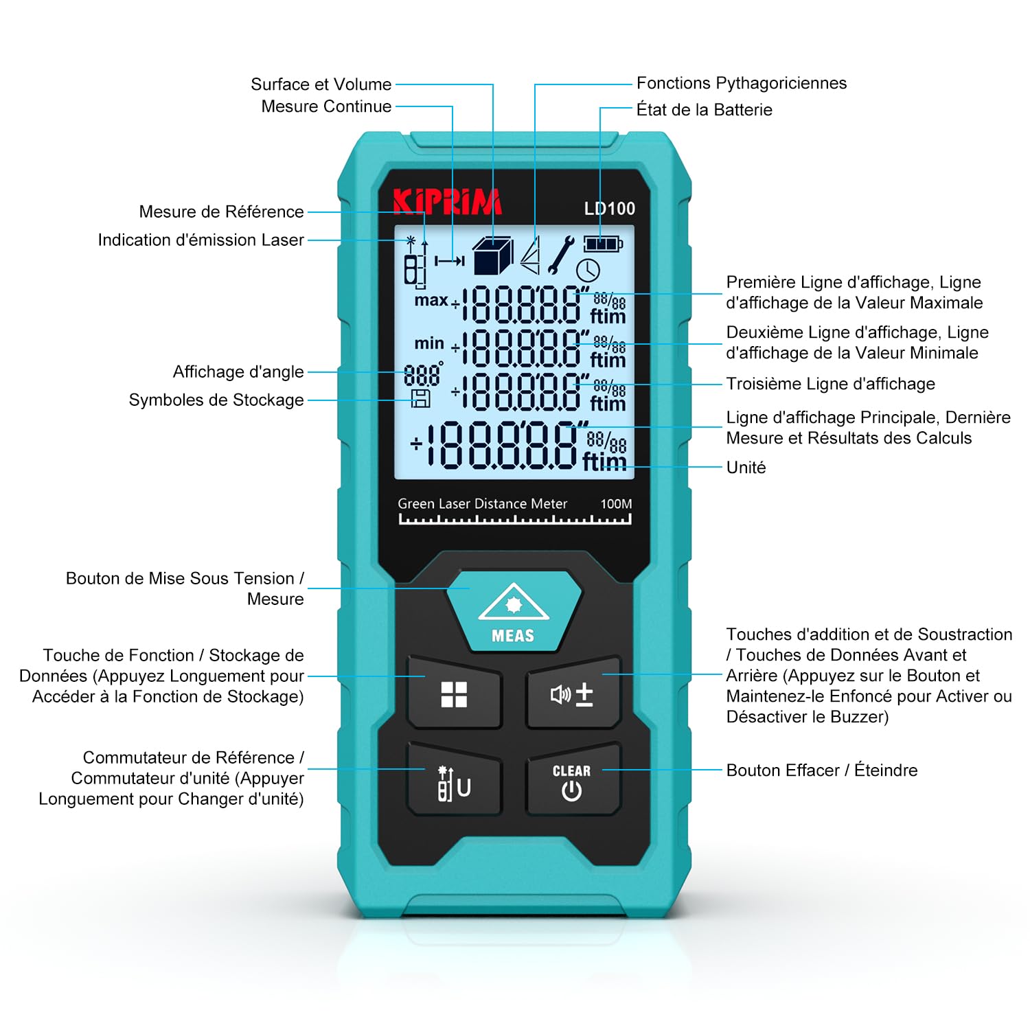 Kiprim Télémètre Laser Vert, 100M Appareil de Mesure Numérique avec Batterie USB Type C, Précision ±2 mm, Niveau Électronique, 10 Modes de Mesure, Laser de Classe II, Plaque Réflectrice, LD100