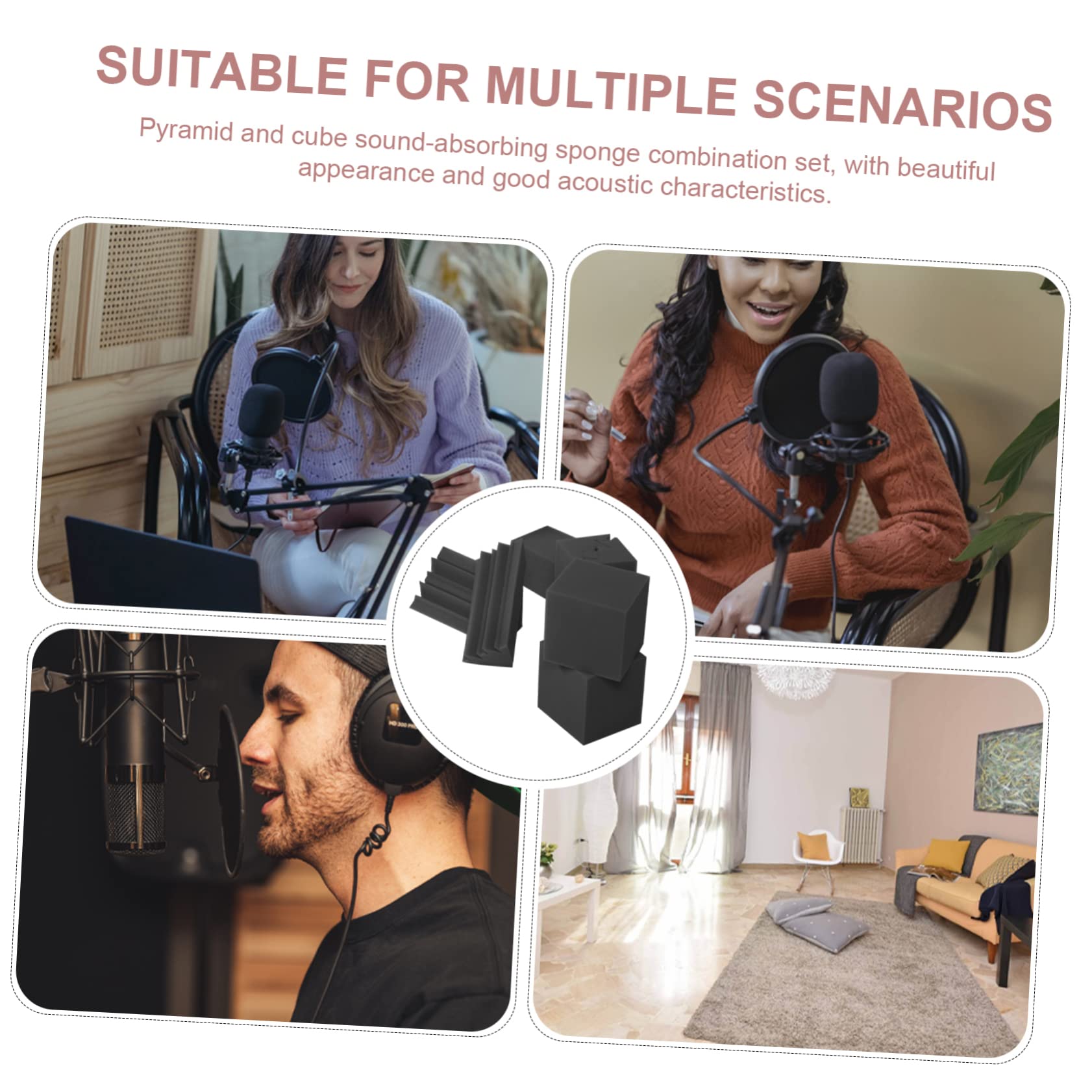 Pannelli Fonoassorbenti a Forma di Piramide e Cubo 16 Pezzi per Bassi in Spugna Nera Isolante Acustico Ignifugo per Studi di Registrazione e Home Theater