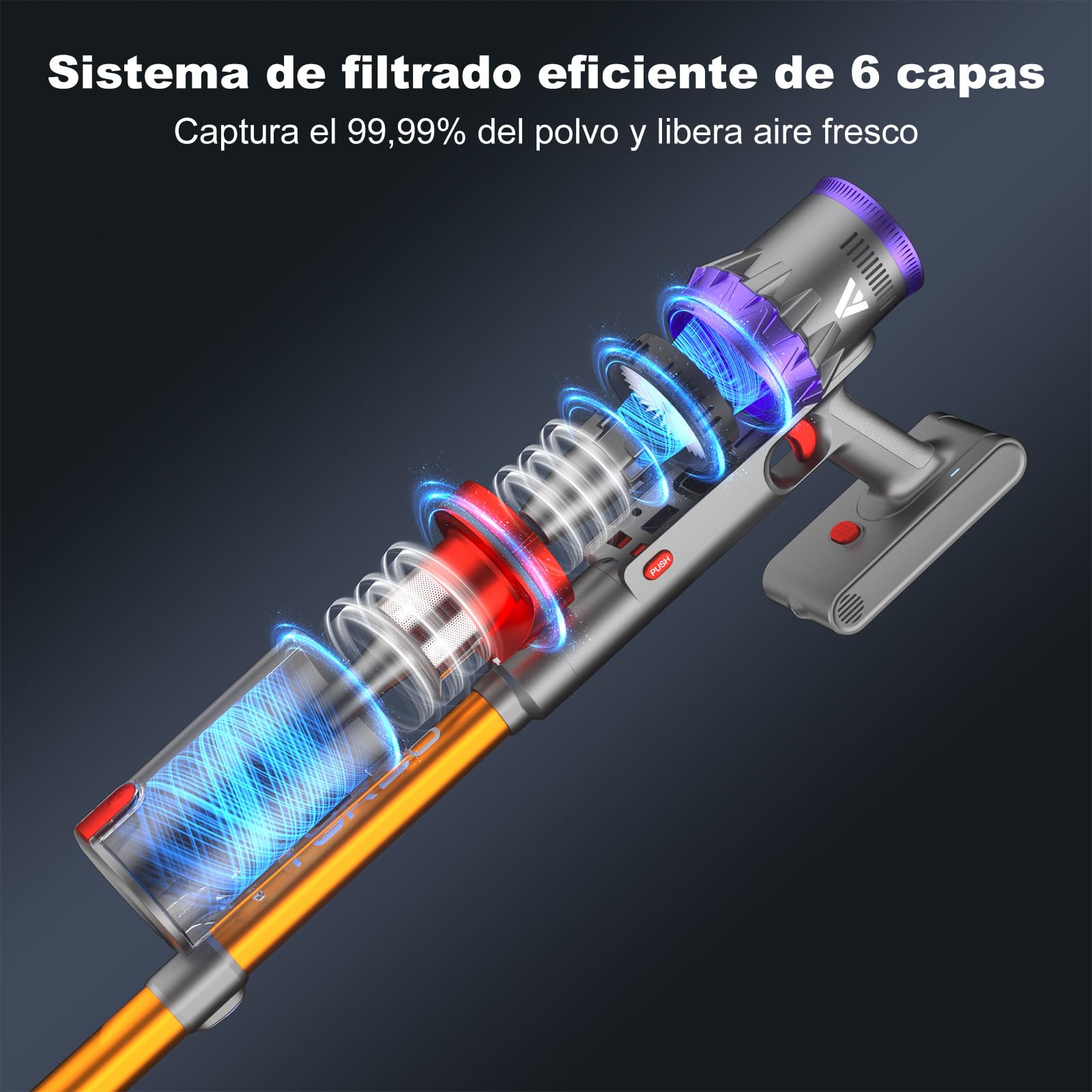 coovy SU7 Aspiradora sin Cable 580W/55Kpa/75Mins, Aspirador Escoba Vertical Potente con Pantalla Táctile LED, Antienredo y Modo Automático para Suelo Alfombras y Pelos de Animales