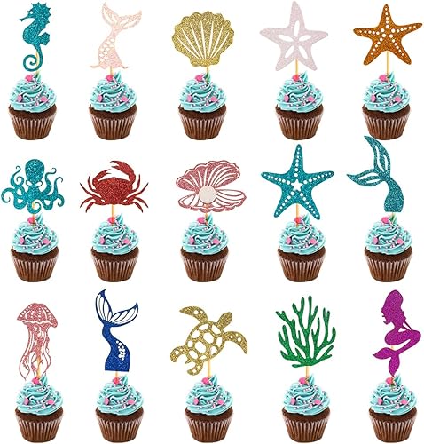 60 piezas de adornos para cupcakes de sirena con purpurina, estrella de mar, coral, cola de sirena, pulpo, caballito de mar, medusas, cupcakes, bajo