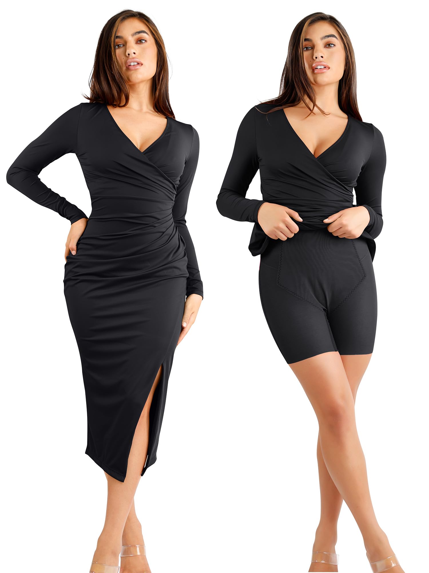 Popilush Shapewear Dress V Neck Formal Wedding Midi Dress Built in Shapewear for Women Long Sleeve Bodycon Dress