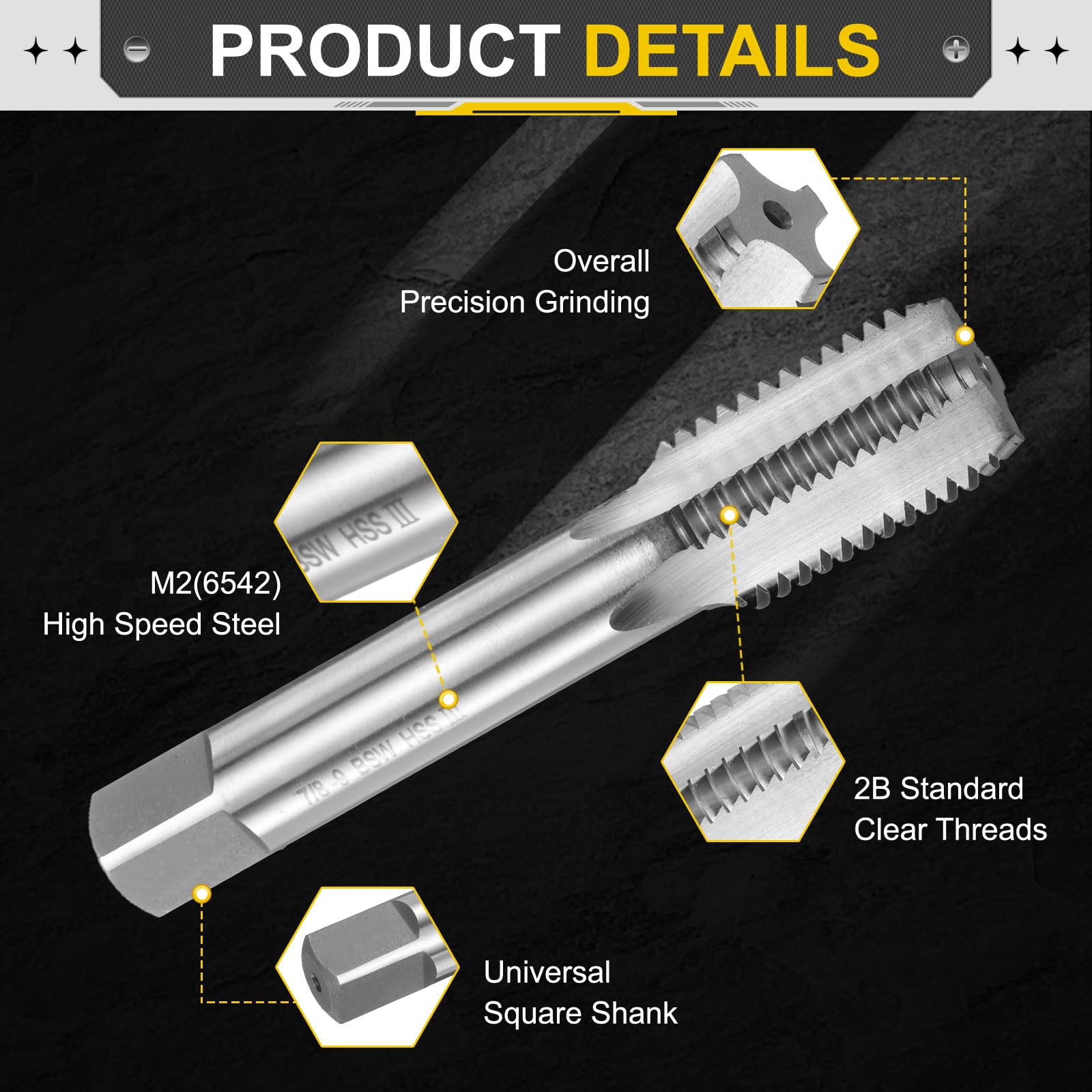 QUARKZMAN Maschio A Mano A Filettatura Inferiore 7/8"-9 BSW 2B Filettatura Stile Inferiore Maschi Per Filettatura Acciaio Rapido HSS6542 Scanalature Dritte Utensile Per Filettatura