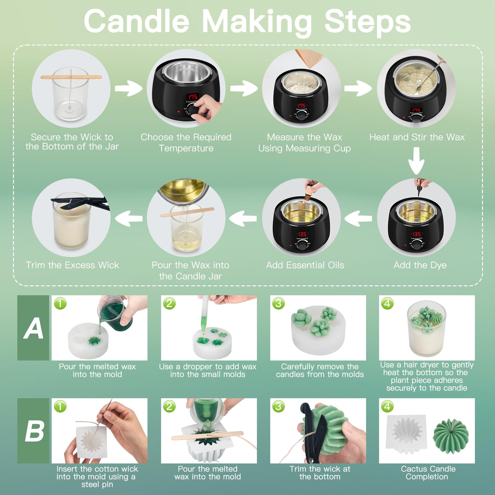 ZEROMX Juego de hacer velas, 1200 g, cera de soja, kit de fabricación de velas para adultos, principiantes, derretidor de cera eléctrico con kit completo de fabricación de velas de bricolaje, enchufe