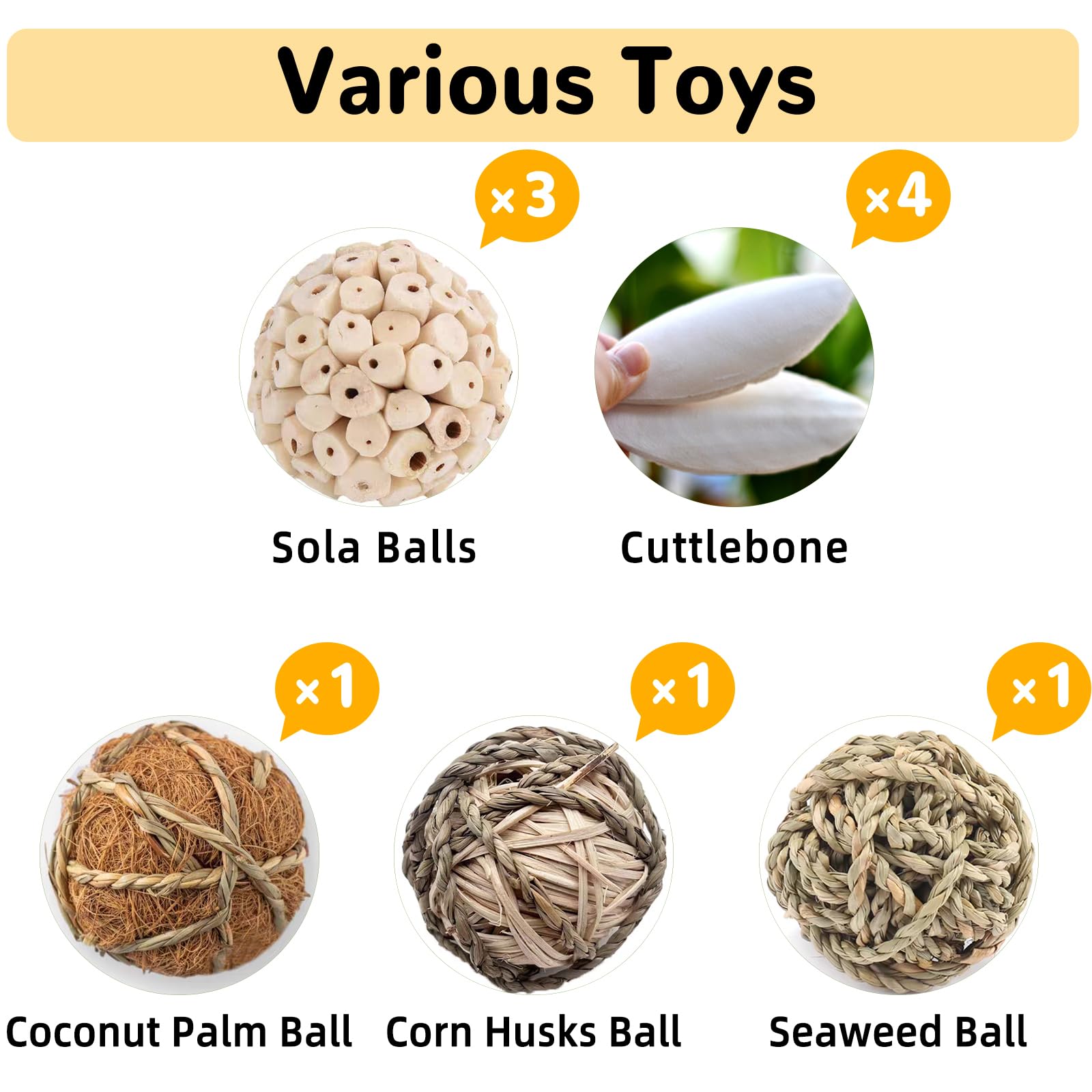 Jwizyotr Bird Toys Sola Balls Parakeet Toys cuttlebone with Soft Natural Chew Grass Balls for Parrots, Conures, Rabbits, Hamster, Guinea Pig, Chinchilla.(Style 1, 10 PCs)