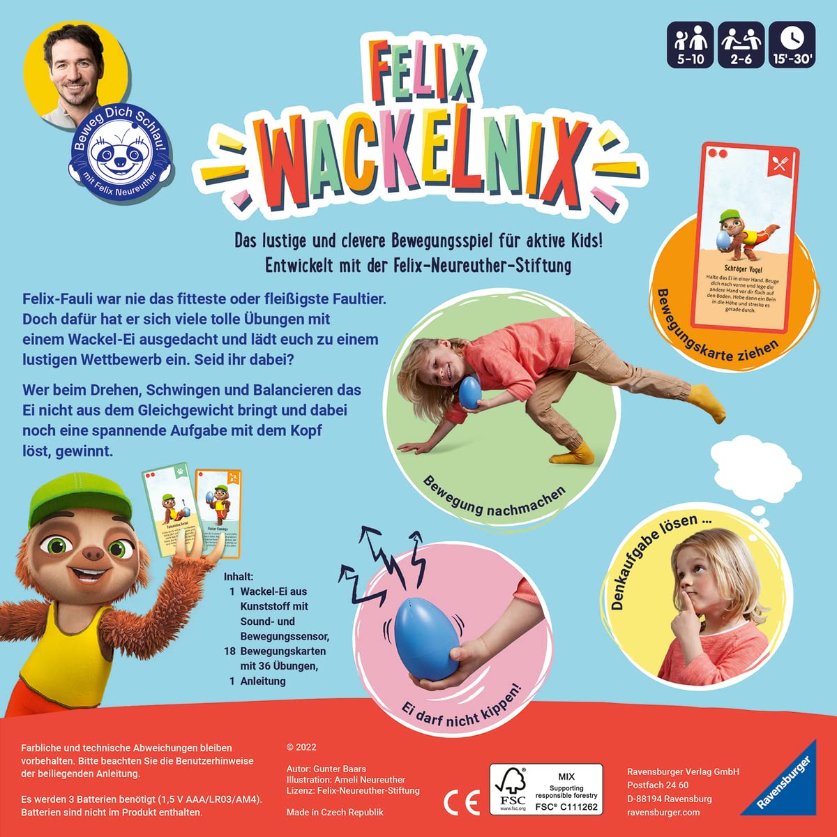 Ravensburger 20931 - Felix Wackelnix Schlaues Bewegungsspiel für 1 bis 6 Kinder ab 5 Jahren entwickelt mit dem Programm Beweg Dich schlau! der Felix-Neureuther-Stiftung.