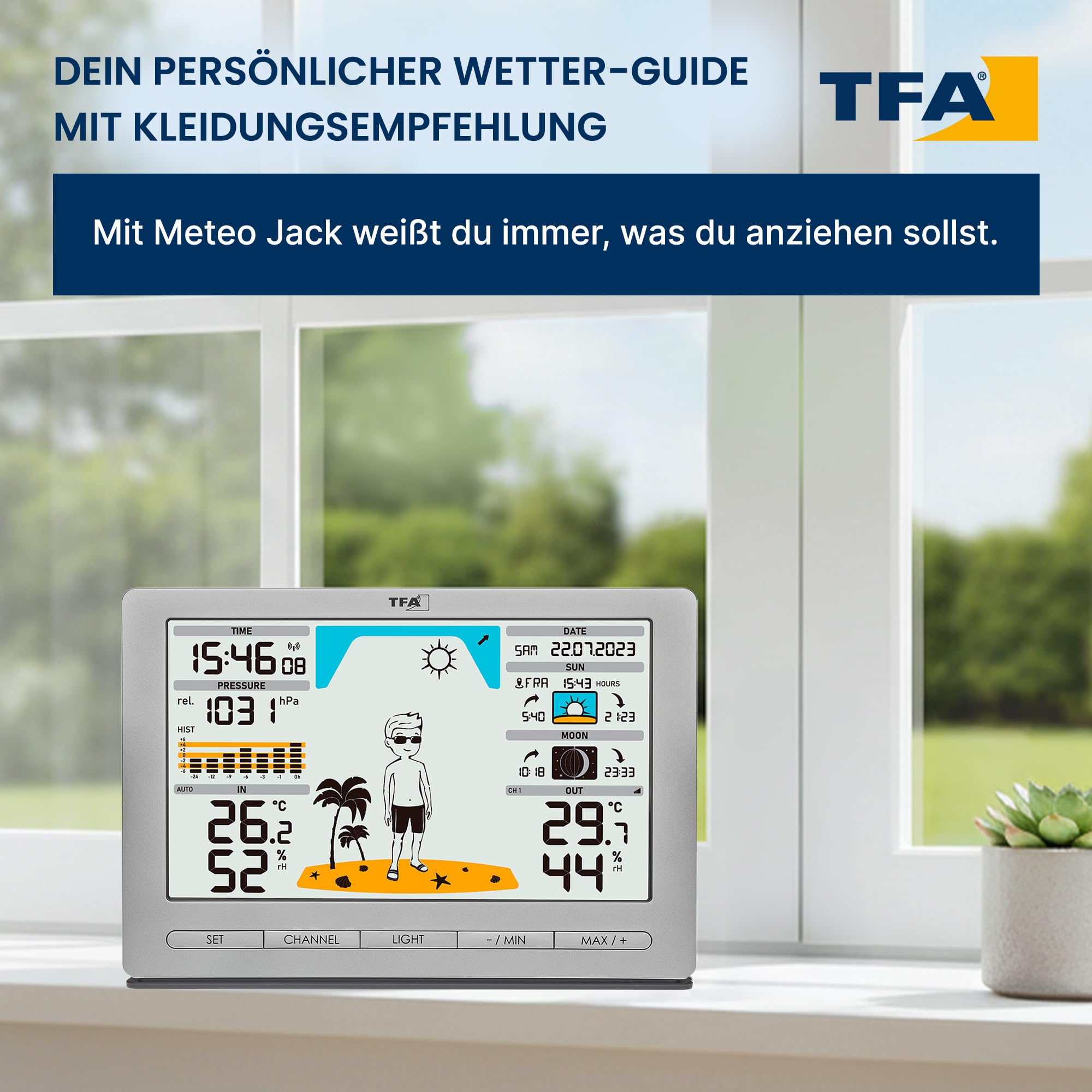 TFA Dostmann Funk Wetterstation METEO JACK, 35.1097.54, inkl Außensender, mit Wettervorhersage, Luftdruck, Mondphase, Sonnenaufgang- & -untergang, Funkuhr, silber