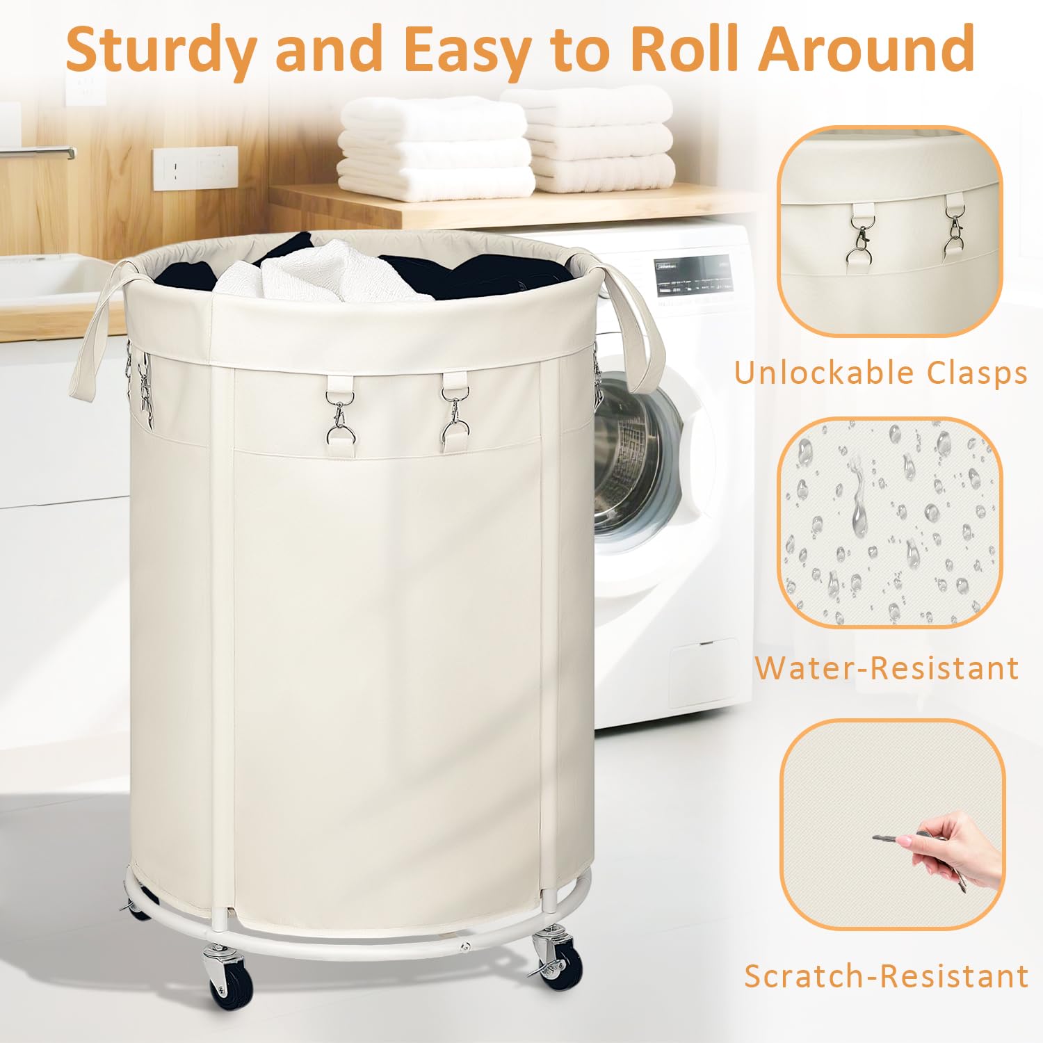 Kosze na pranie z rolkami, 150 l, duży kosz na pranie z metalową ramą i wodoszczelnym workiem, Laundry Baskets wózek na pranie do pralni, sypialni, łazienki, beżowy