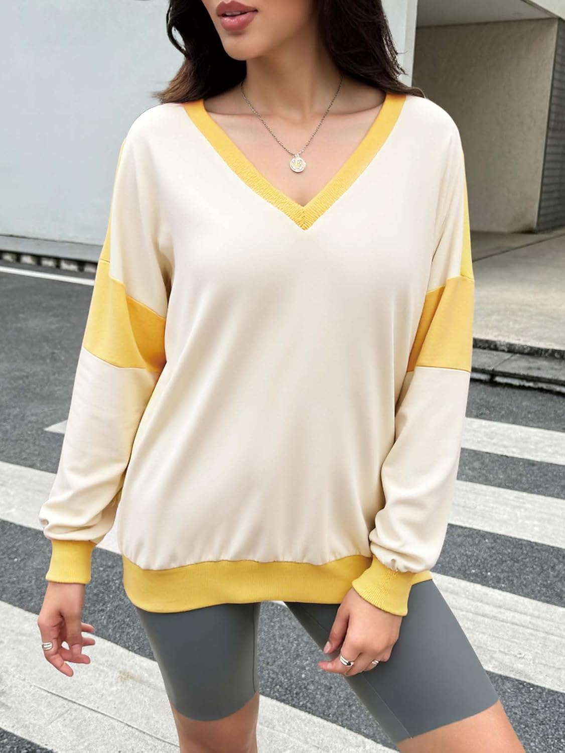 Womens Color Block Oversized Sweatshirt V Neck Long Sleeve Shirts Casual Loose Pullover Tops - Image 5