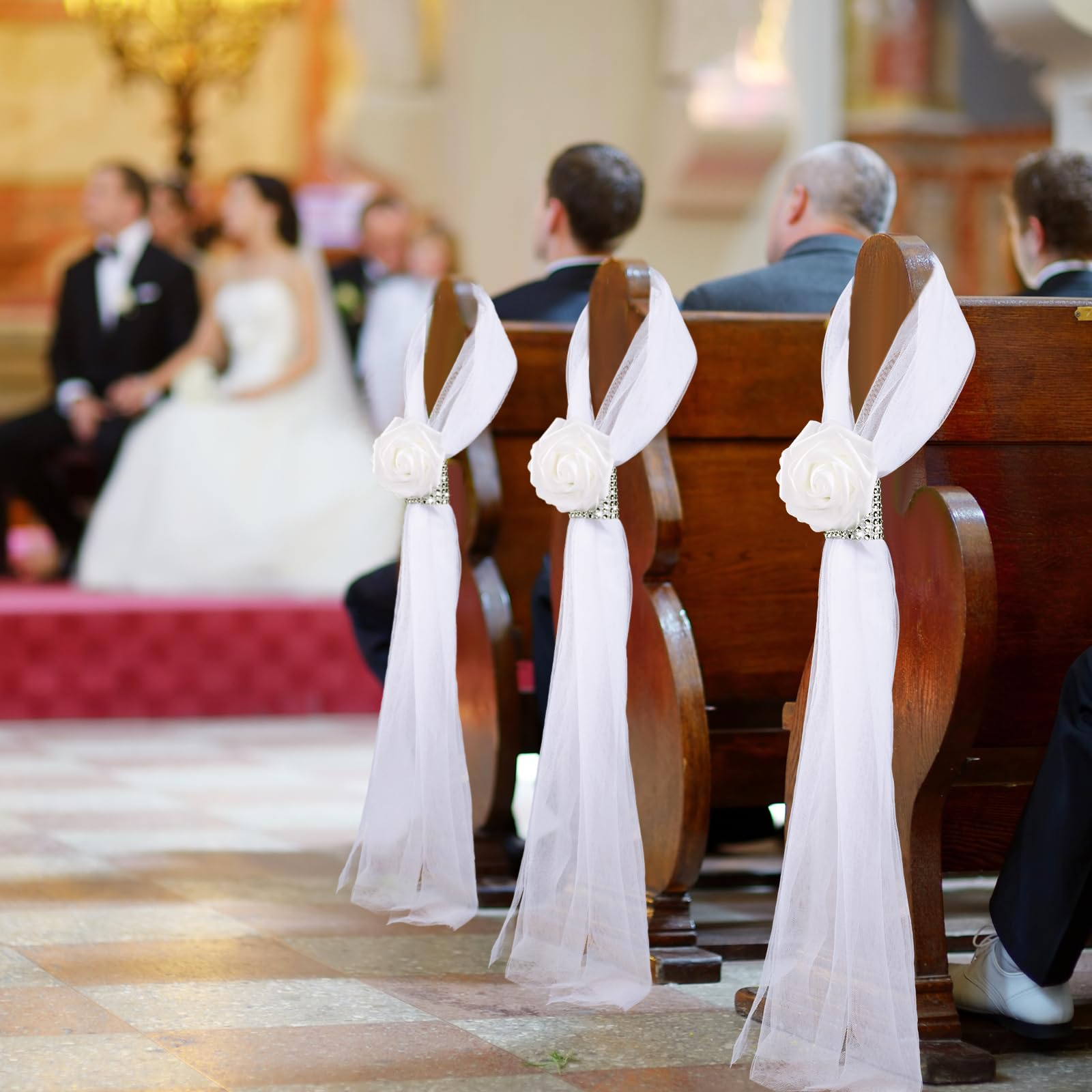 Olgaa Hochzeits-Gang-Dekorationen für Zeremonie, 24 Stück, Hochzeitsstuhl, Kirchendekorationen mit künstlichen weißen Rosen, Blumen, Strass, für Hochzeiten, Partys, Bank, Kirchenbänke, Gangdekoration