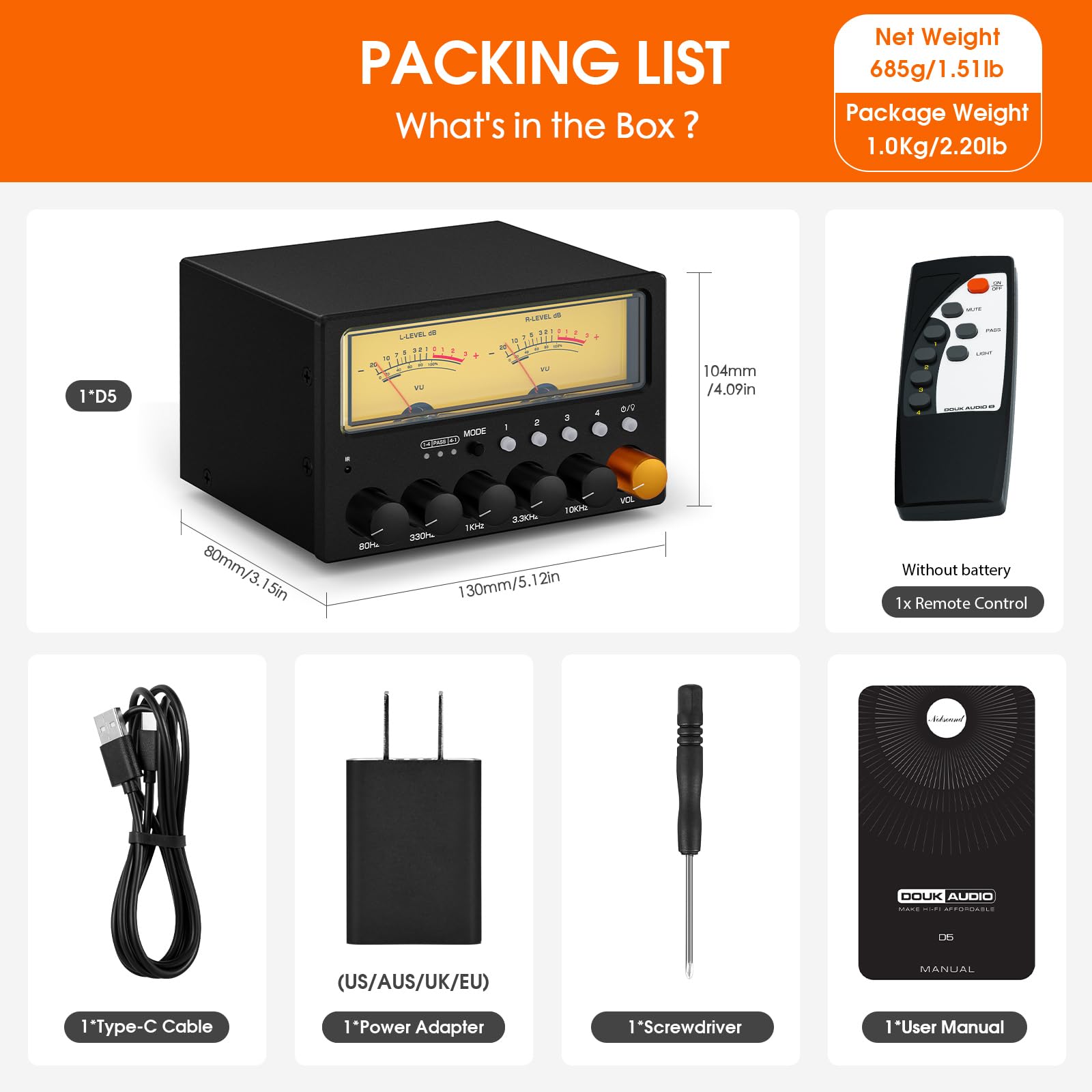Nobsound Interruttore audio D5 a 4 vie: preamplificatore EQ stereo HiFi a 5 bande e splitter RCA con VU Meter e amplificatore per cuffie per home theater/studio/DJ