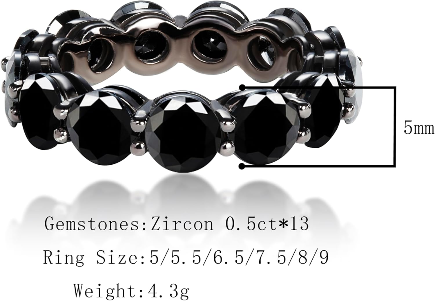 YSDD 0.5ct(5mm)*13pc Black Zirconia Women's Wedding Band, 925 Sterling Silver Plated 18K White Gold Eternity Row Ring, Size 5-9