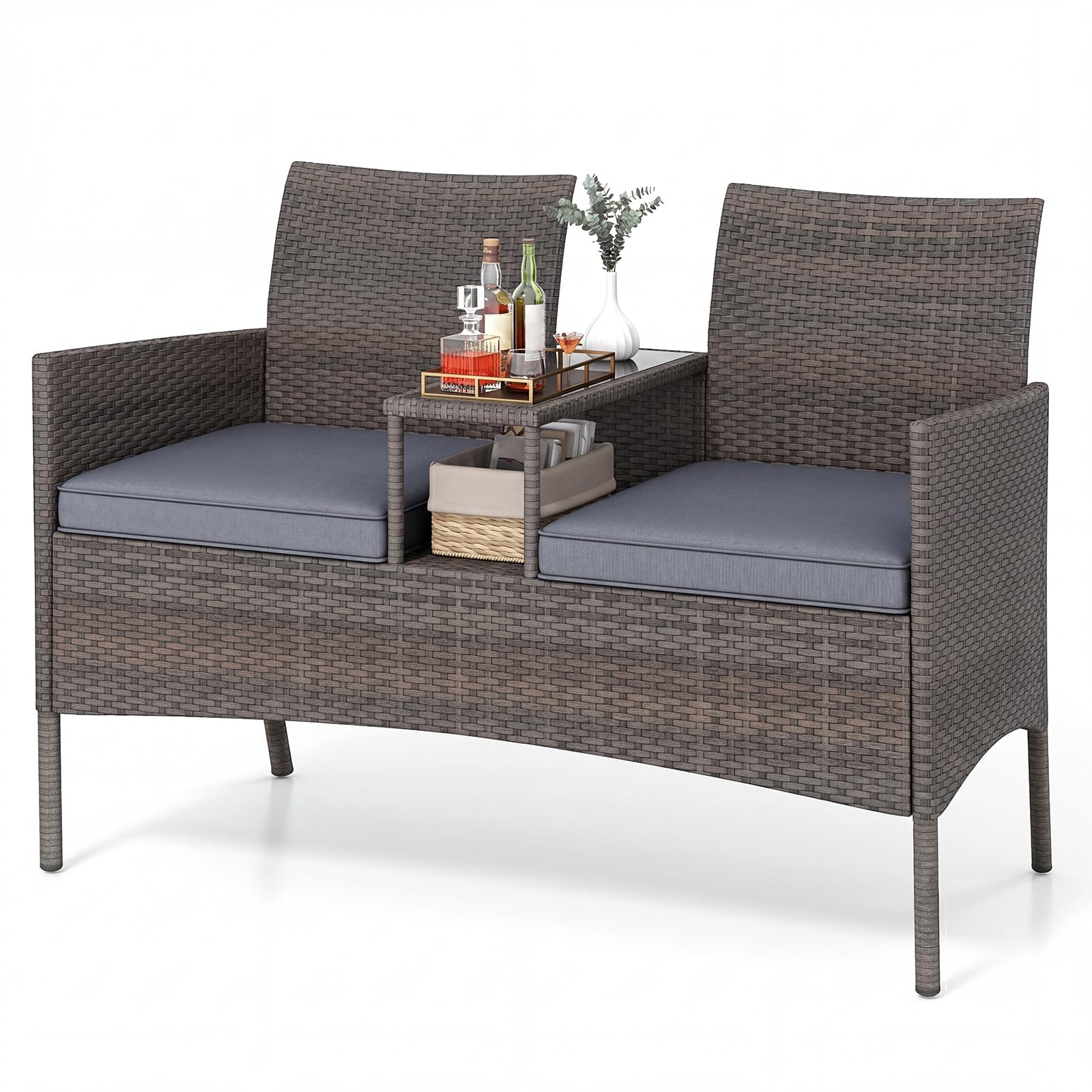 COSTWAY Gartenbank mit Tisch, 2-Sitzer Polyrattan Sitzbank, Sitzgruppe, Gartenmöbel, Terrassenmöbel, wetterfeste Balkonmöbel für Terrasse, Garten, Balkon