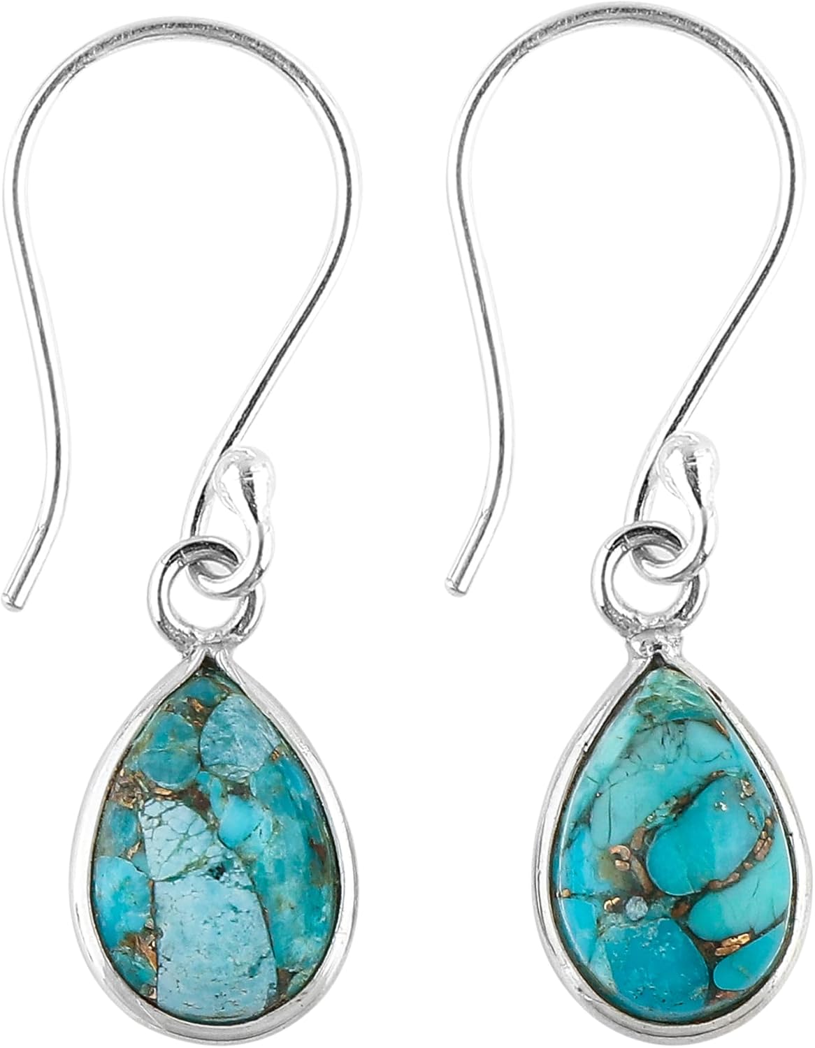 925 Genuine Copper Turquoise Gemstone, Sterling Silver Bezel Dangling Earrings, Handmade Bohemian Jewelry, Healing Crystals, Polished Cabochon, December Birthstone, Christmas Gift for Women
