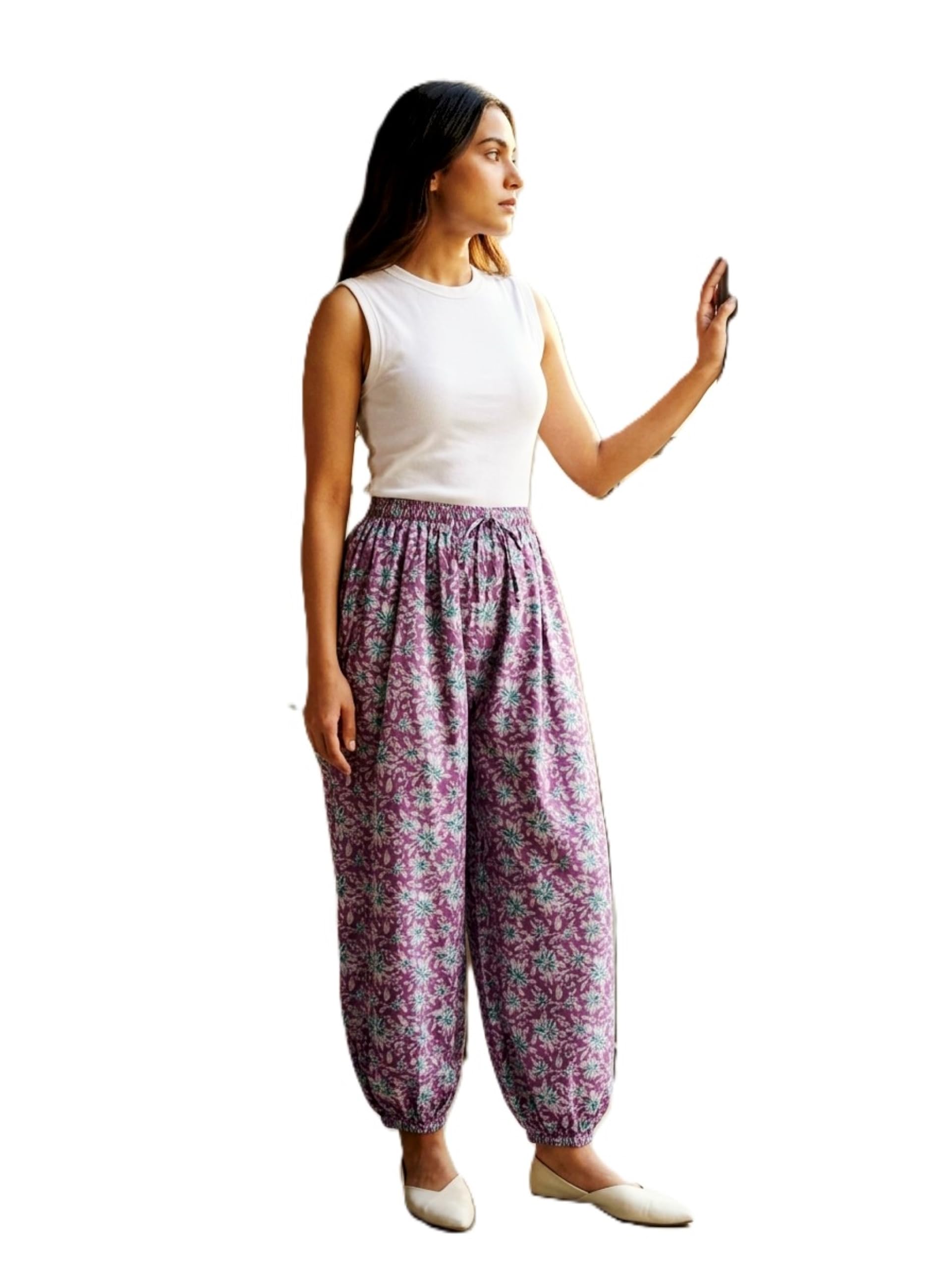 Women's Pure Cotton 2 in 1 Balloon Pant or Palazzo, Handblock Floral Print, Elasticated Waist Palazzo-picture-17