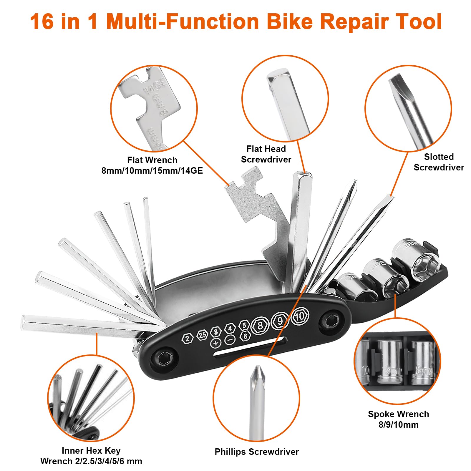 Kit Réparation Vélo 16 En 1 - Multi-Outil, Rustines, Pompe à Air | Pour VTT, Route, Bicyclette