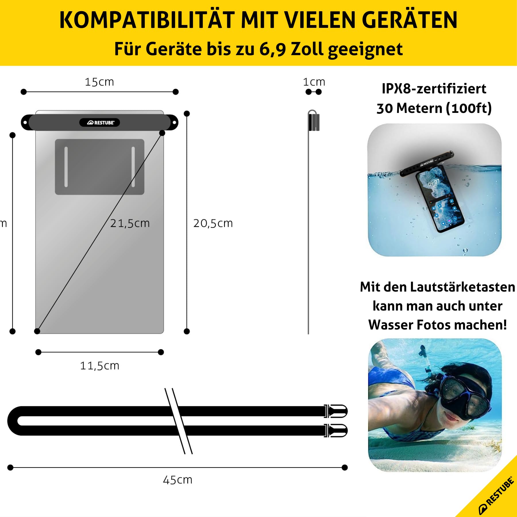 Restube wasserdichte Handyhülle, IPX8 Unterwasser Handyhülle für Schwimmen, Dry Bag Handy Lanyard Hülle für iPhone 14 13 12 11 XS XR X 8 7, Samsung S20 S10 S9, Huawei P30 P20 bis zu 6,9 Zoll